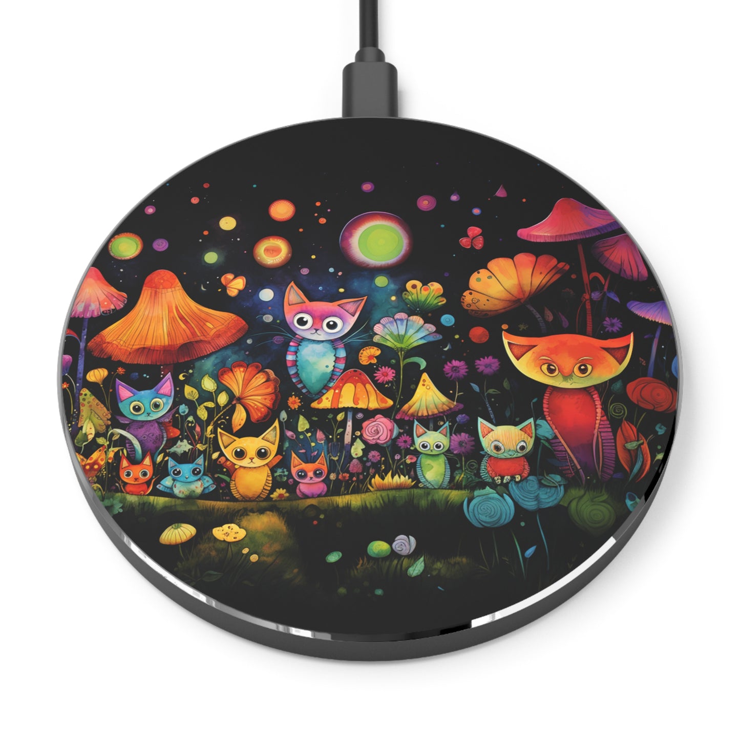 Mystical Cats Amidst a Garden of Flowers and Mushrooms, Beneath a Starry Sky Wireless Cell Phone 10W Charger