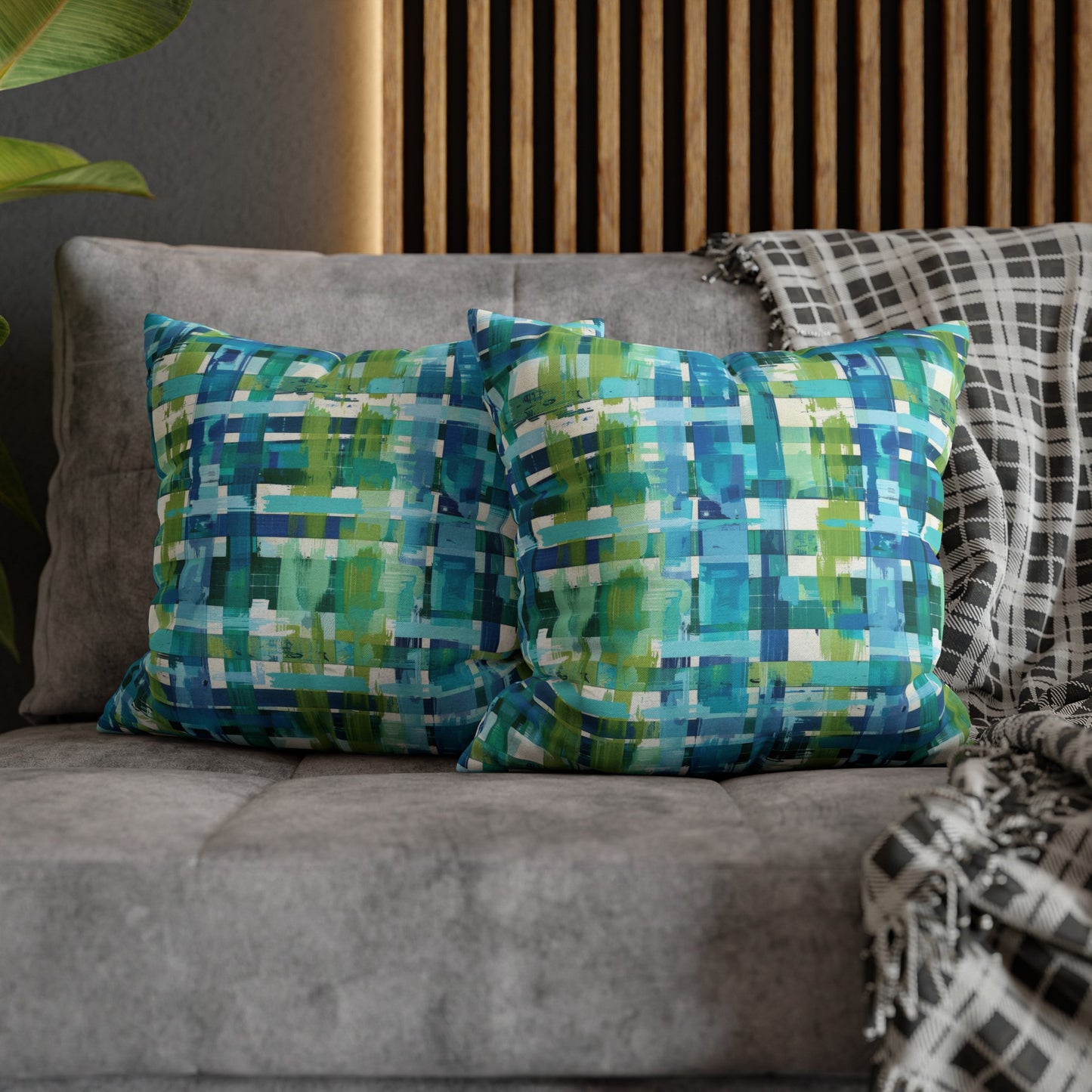 Enchanted Lagoon: Vibrant Green and Blue Abstract Plaid Spun Polyester Square Pillowcase 4 Sizes