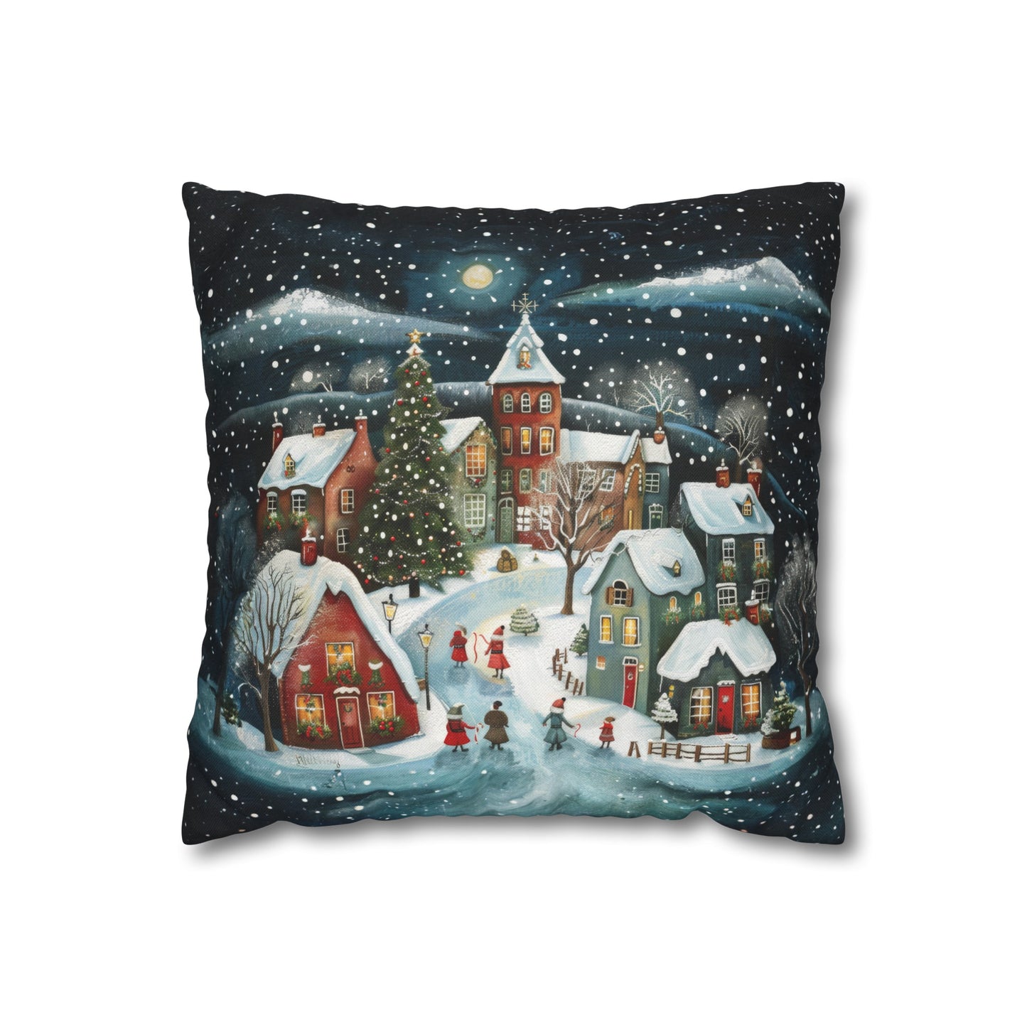 Midnight Magic: Winter Town Aglow with Christmas Decorations and Tree Spun Polyester Square Pillowcase 4 Sizes