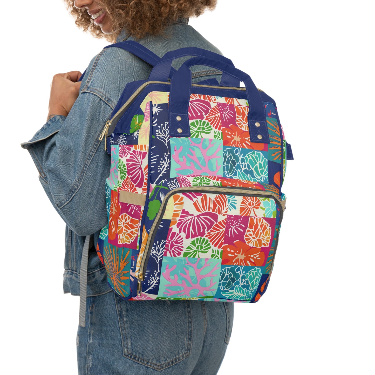 Vibrant Mosaic of Tropical Unique Shapes and Hues, from Vivid Oranges to Deep Blue Leaves and Flowers Multifunctional Diaper Backpack