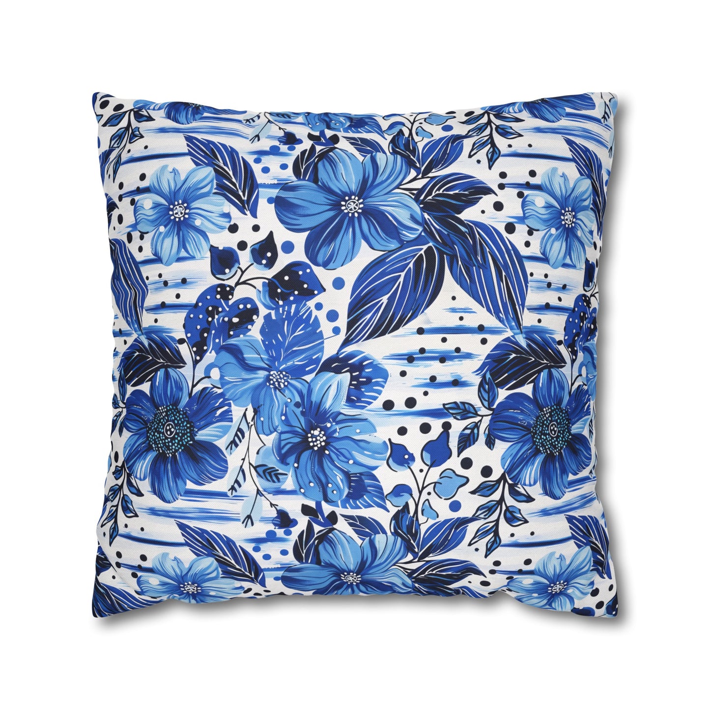 Floral Symphony in Shades of Blue, Harmonized with Abstract Lines Spun Polyester Square Pillowcase 4 Sizes