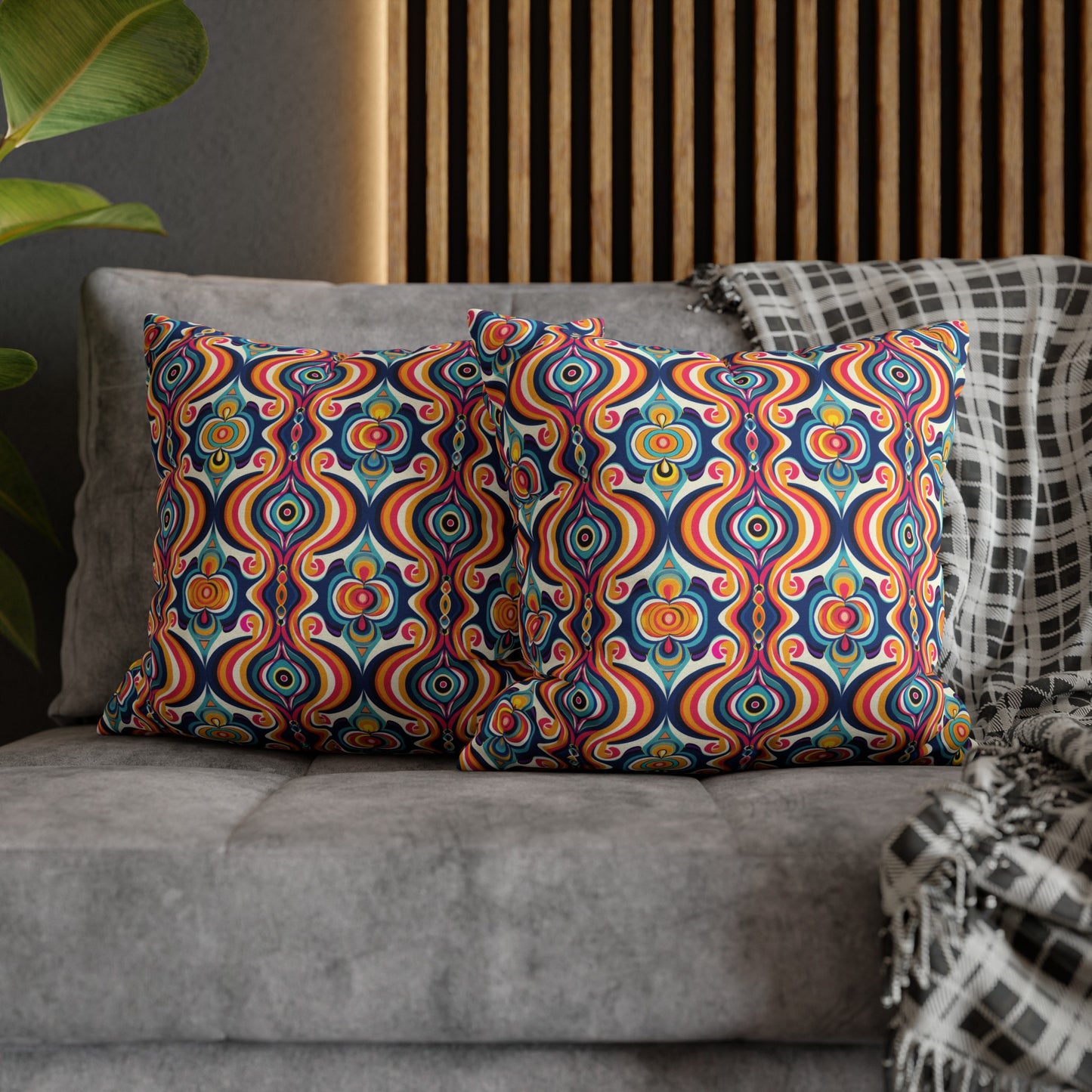 Vibrant Retro Waves with Colorful Geometric Pattern Spun Polyester Square Pillowcase 3 Sizes