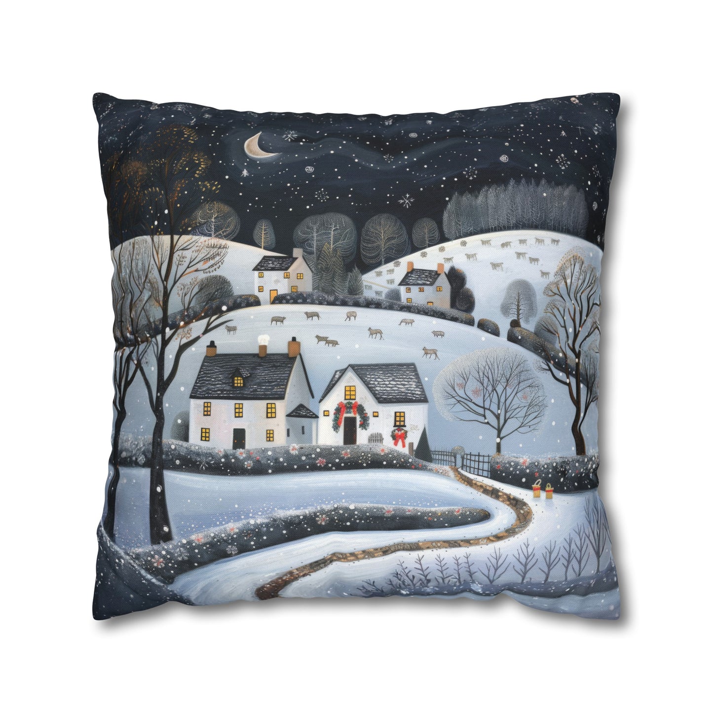 Starry Serenity: Rolling Hills on a Snowy Night, Stars Sparkling in the Sky Spun Polyester Square Pillowcase 4 Sizes