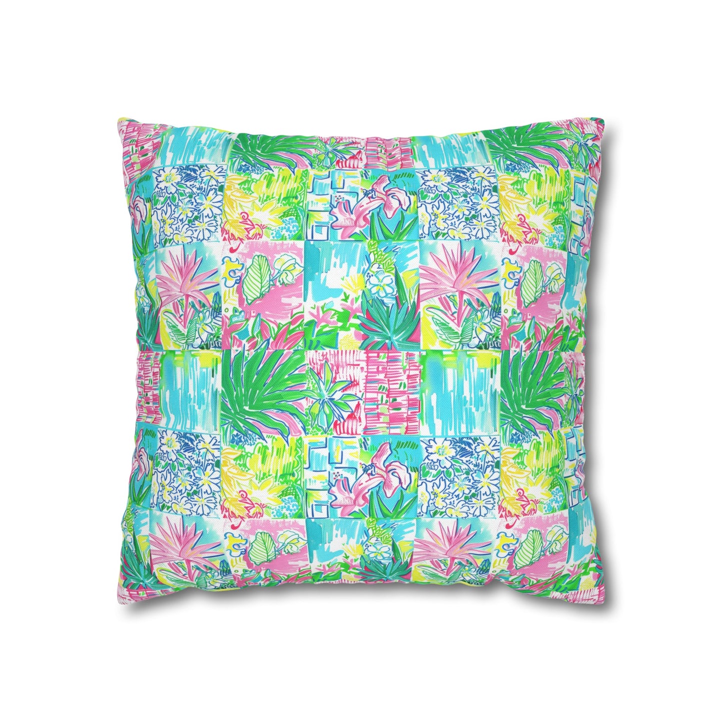 Whimsical Palm Trees and Flowers in Vibrant Pink, Teal, and Green Collage Spun Polyester Square Pillowcase 4 Sizes