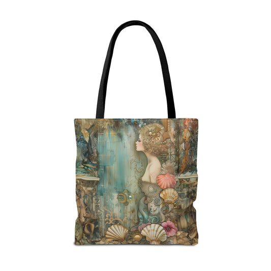 Vintage Mystical Mermaid with Flowers Seashells and Pearls Gazing into Ocean Canvas Tote Bag - 3 Sizes