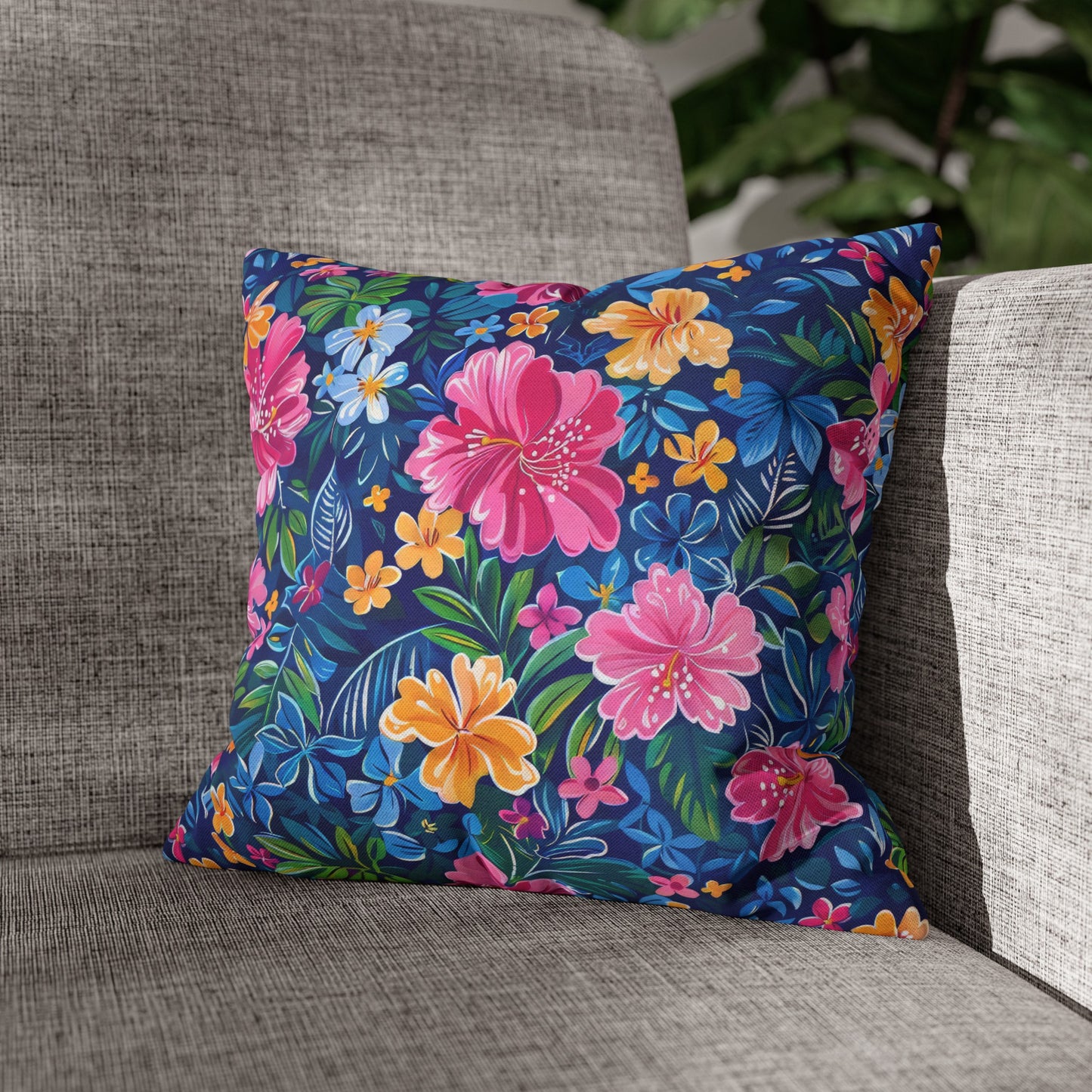 Tropical Sunrise Bloom: Pink Watercolor Flowers with Yellow and Blue Accents Spun Polyester Square Pillowcase 4 Sizes