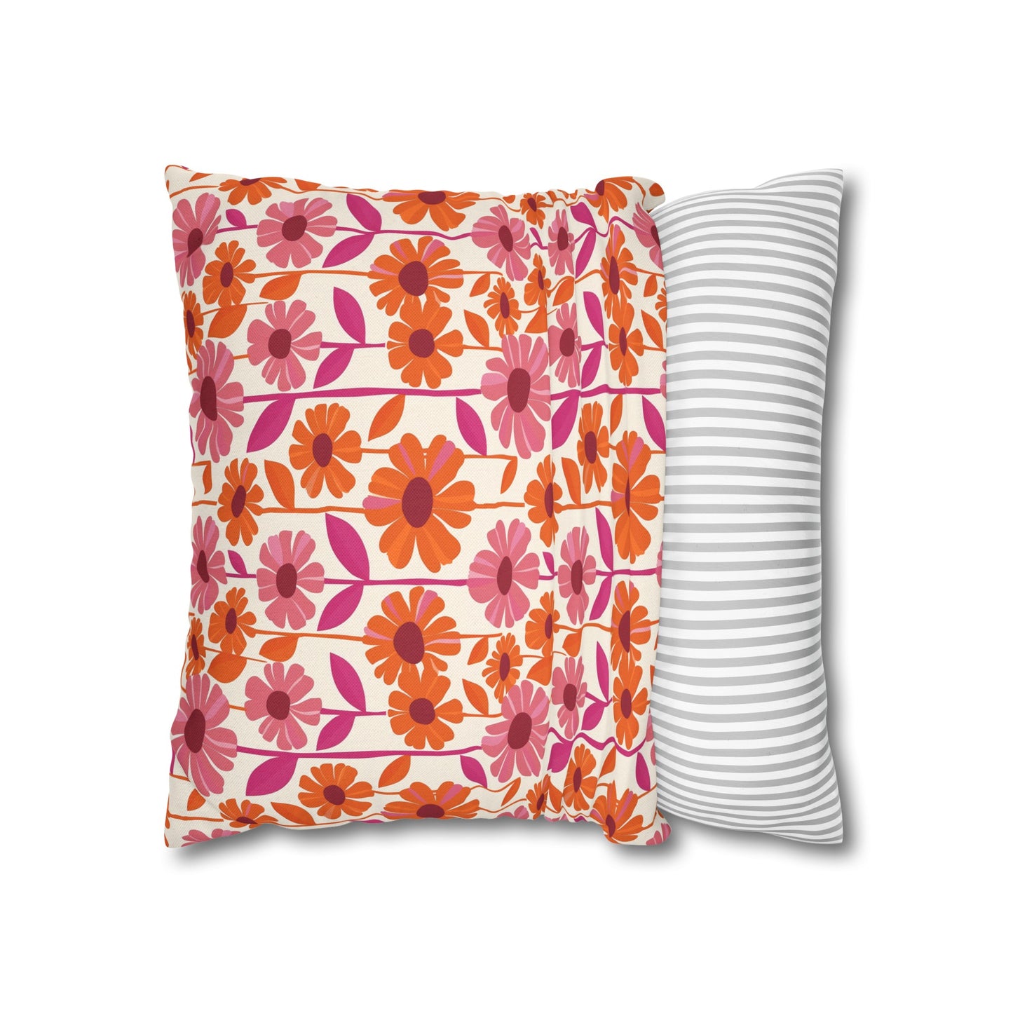 Retro Floral Bliss with Bold Pink and Orange Flower Design Spun Polyester Square Pillowcase 4 Sizes