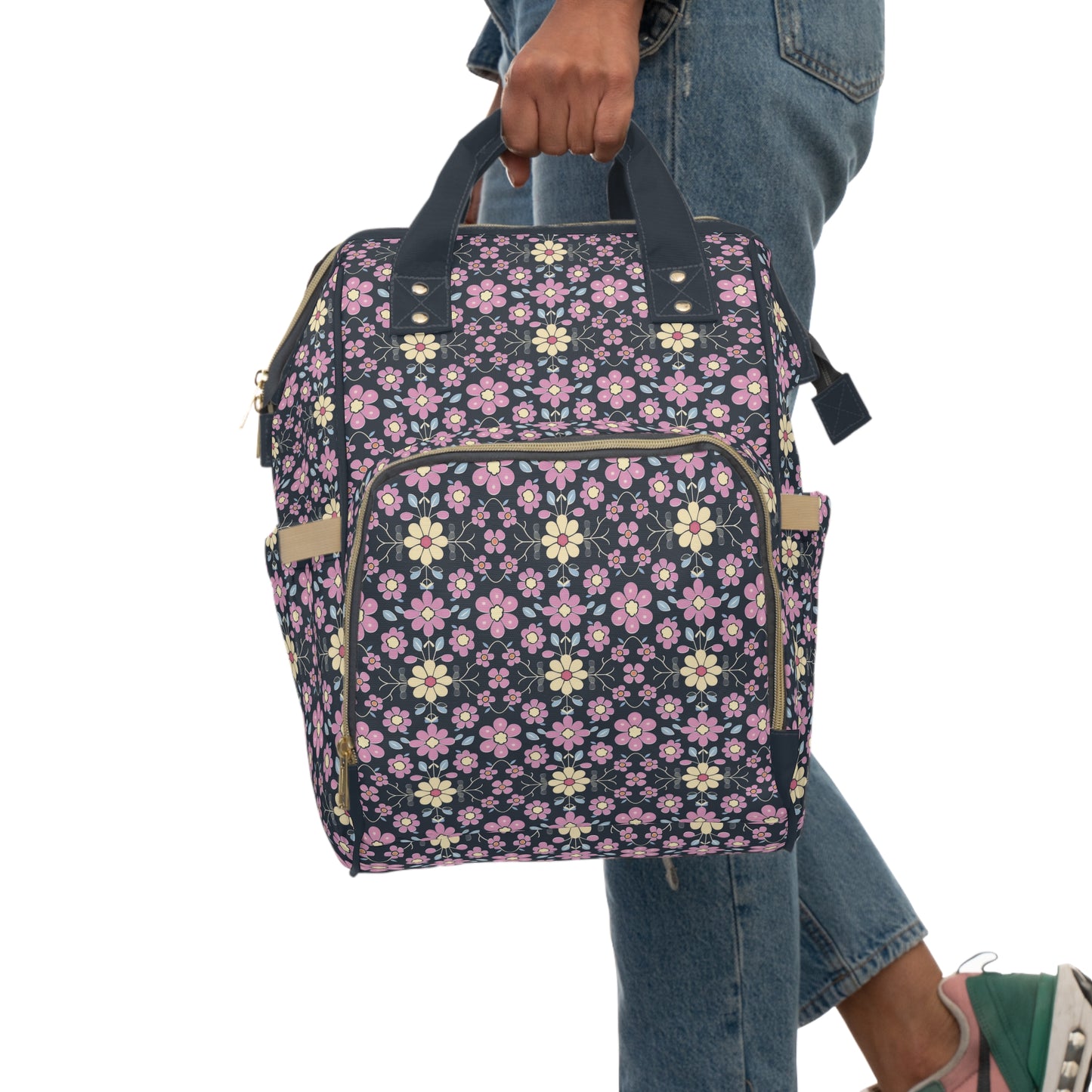 Charming Pastel Pink and Yellow Flowers on Navy Blue Background Multifunctional Diaper Backpack