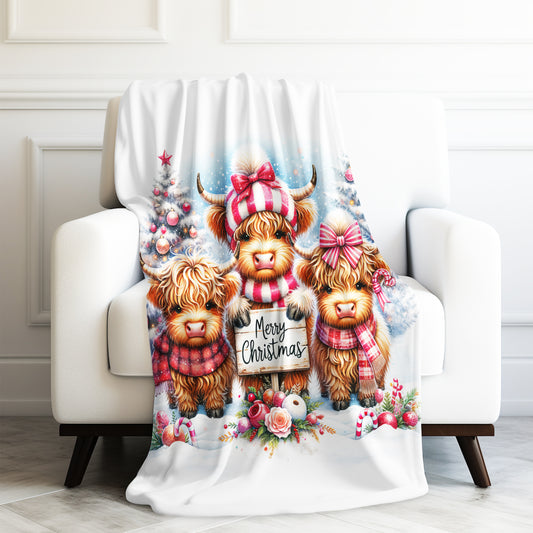 Baby Highland Cows Merry Christmas Peppermint Holiday Velveteen Plush Blanket 3 Sizes