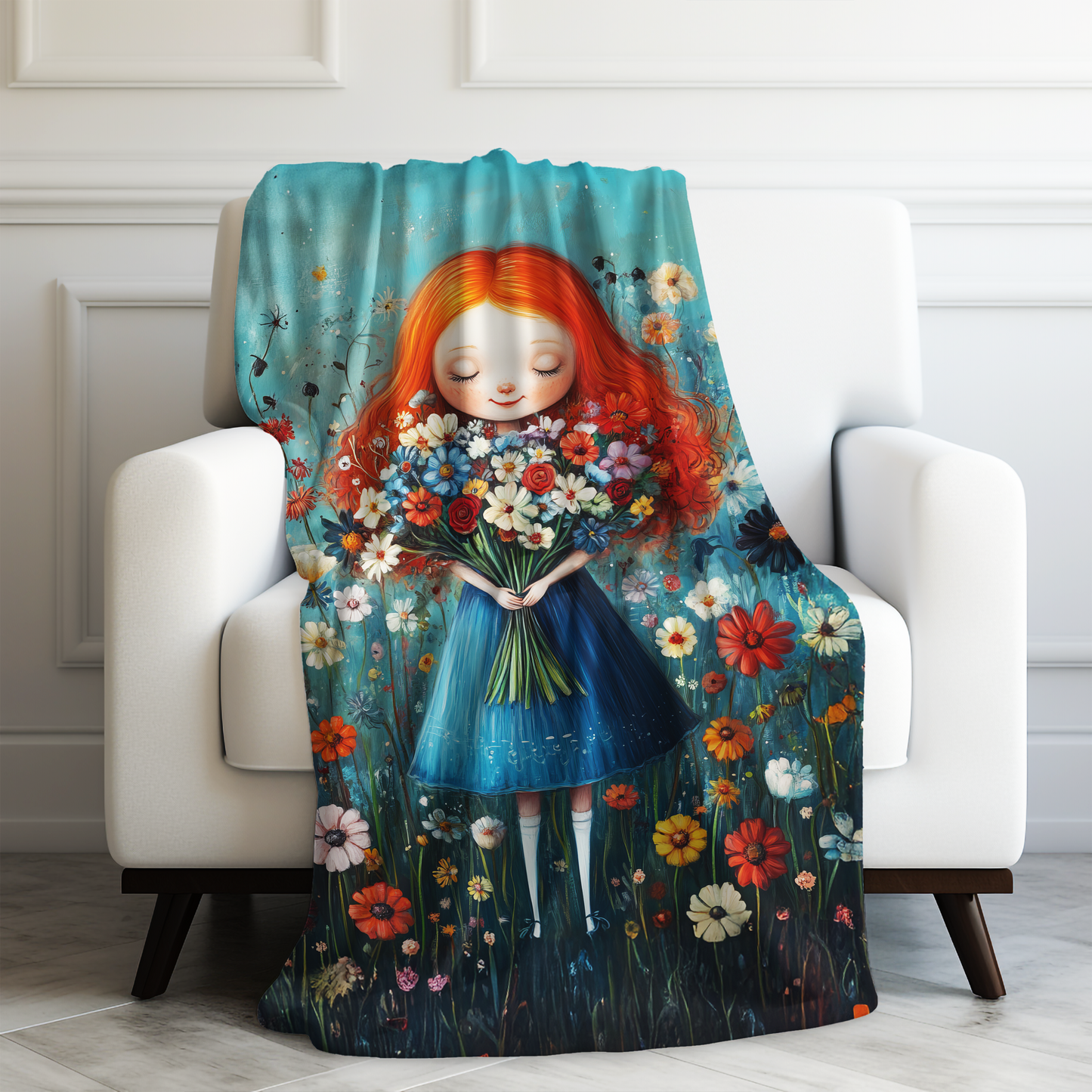 Radiant Redhead Girl with a Bouquet of Wildflowers Velveteen Plush Blanket 3 Sizes