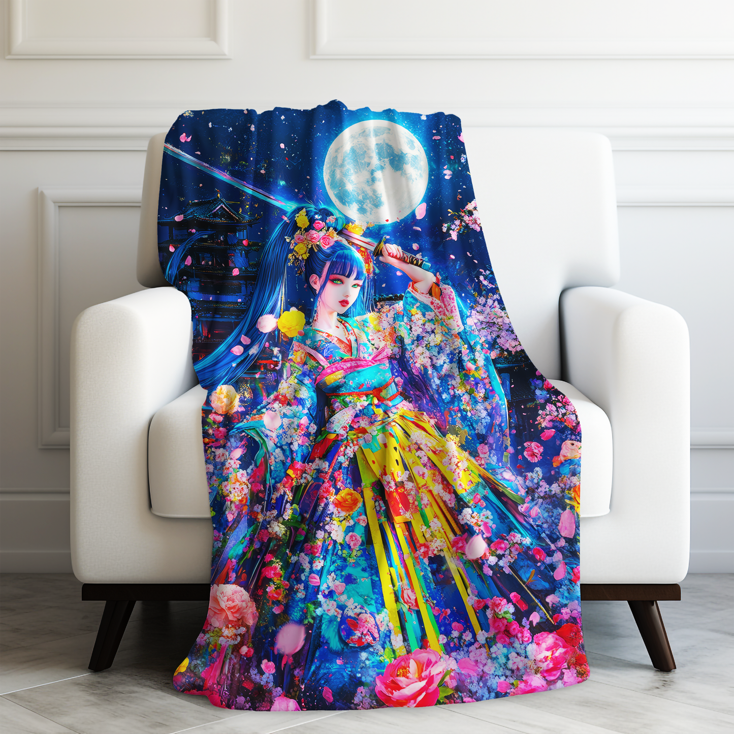 Moonlit Warrior in Enchanting Vibrant Kimono Amid Cherry Blossoms Velveteen Plush Blanket 3 Sizes