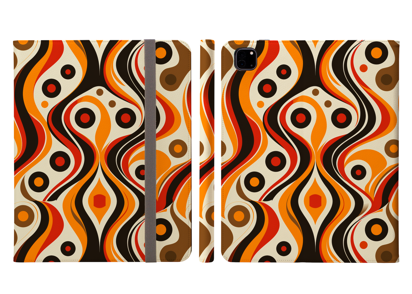 Retro Funky Chic Groove Vibrant Orange, Red, and Brown Swirls with Geometric Dots Ipad Pro 11 & Pro 12.9 Protective Case and Pencil Holder