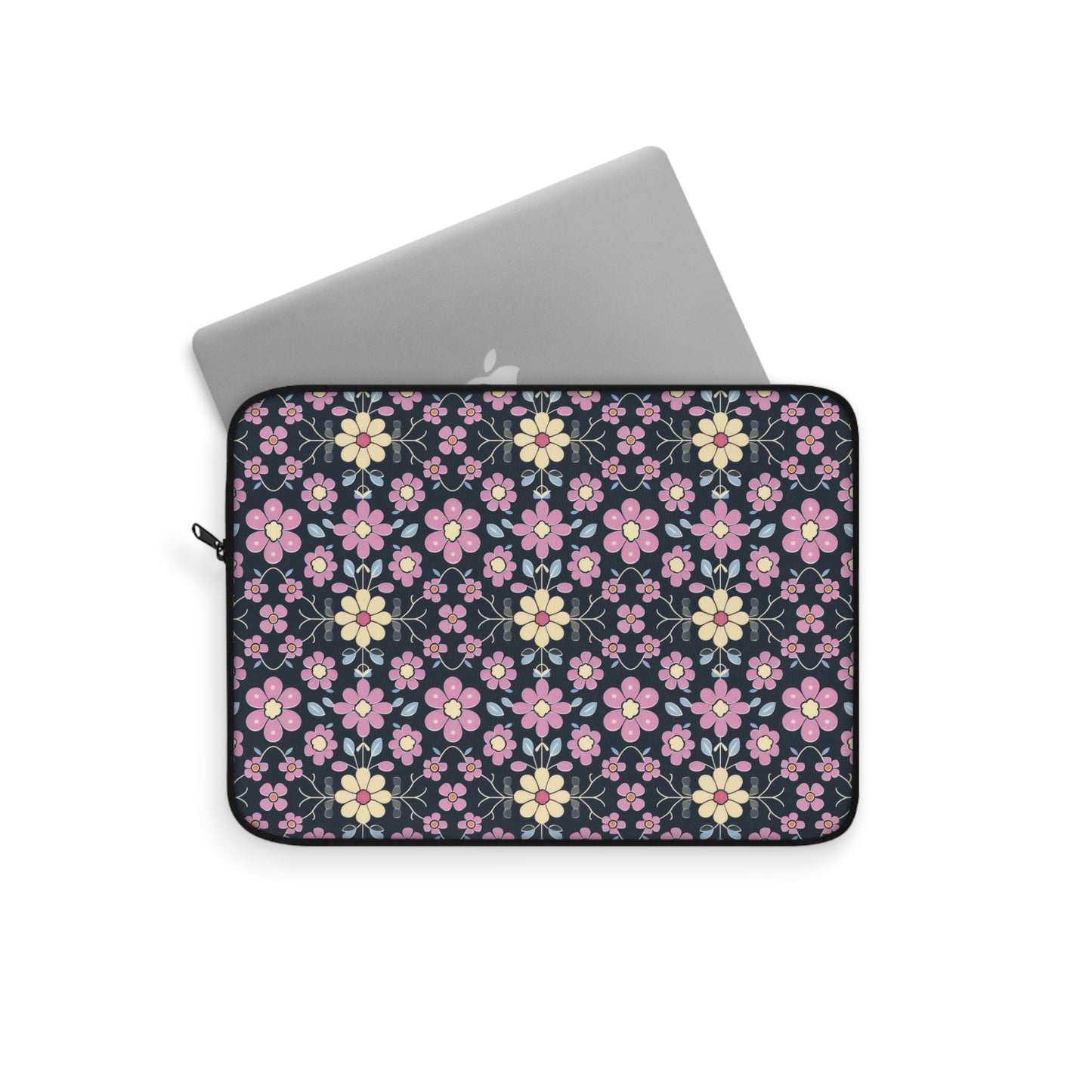 Charming Pastel Pink and Yellow Flowers on Navy Blue Background Laptop or Ipad Protective Sleeve 3 Sizes Available