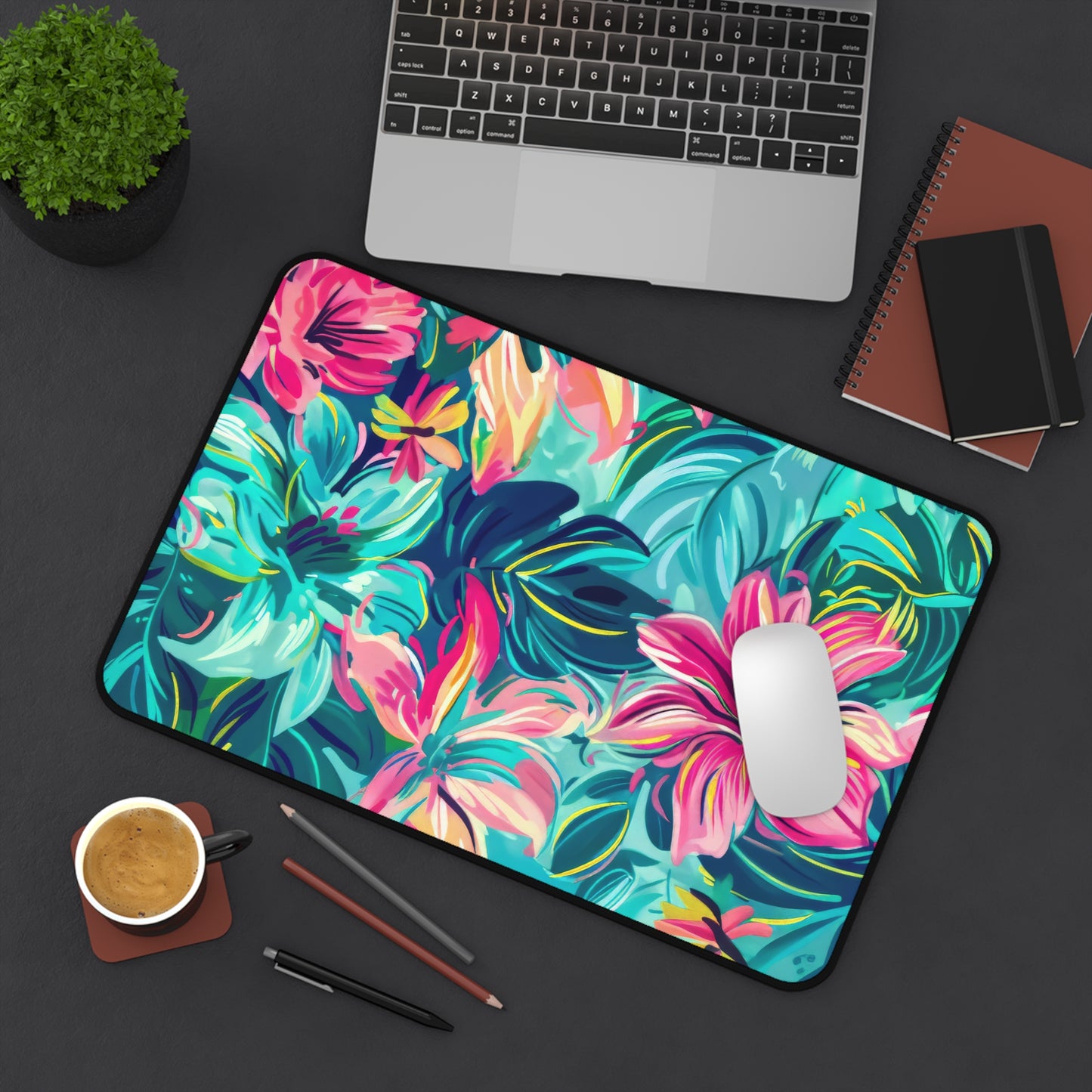 Tropical Garden Lush, Overlapping Flowers in a Dance of Vivid Pinks, Blues, and Yellows Extended Gaming Mouse Pad  Desk Mat  - 3 Sizes