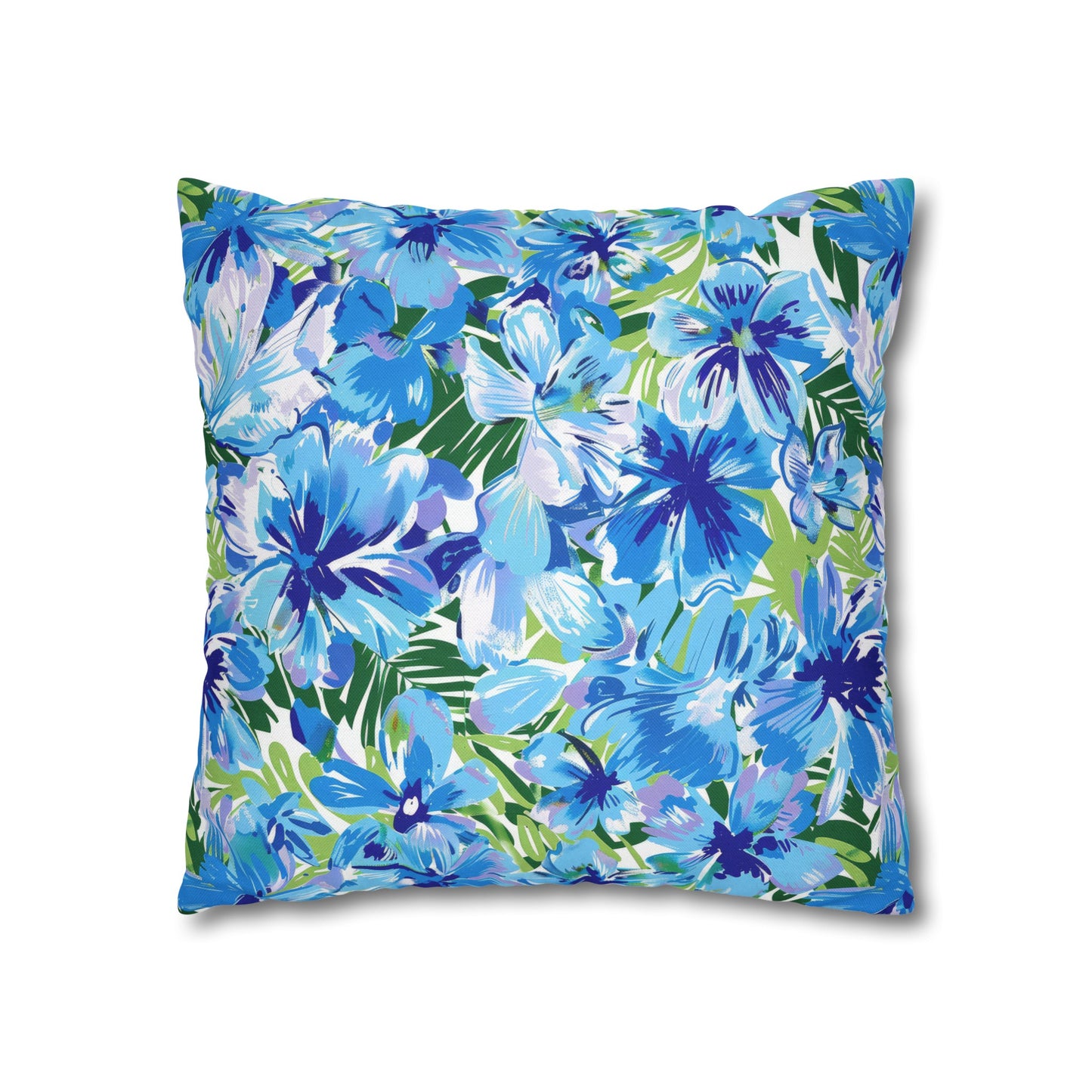 Azure Bloom Oasis: Bright Blue Large Flowers with Lush Green Palm Leaves Spun Polyester Square Pillowcase 4 Sizes