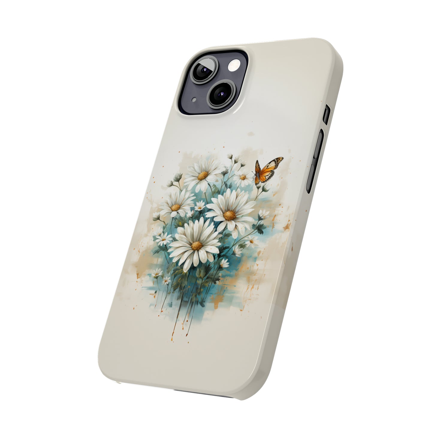 Rustic Farmhouse Teal and White Wild Daisies and Butterflies Iphone 15-12 Slim Phone Case