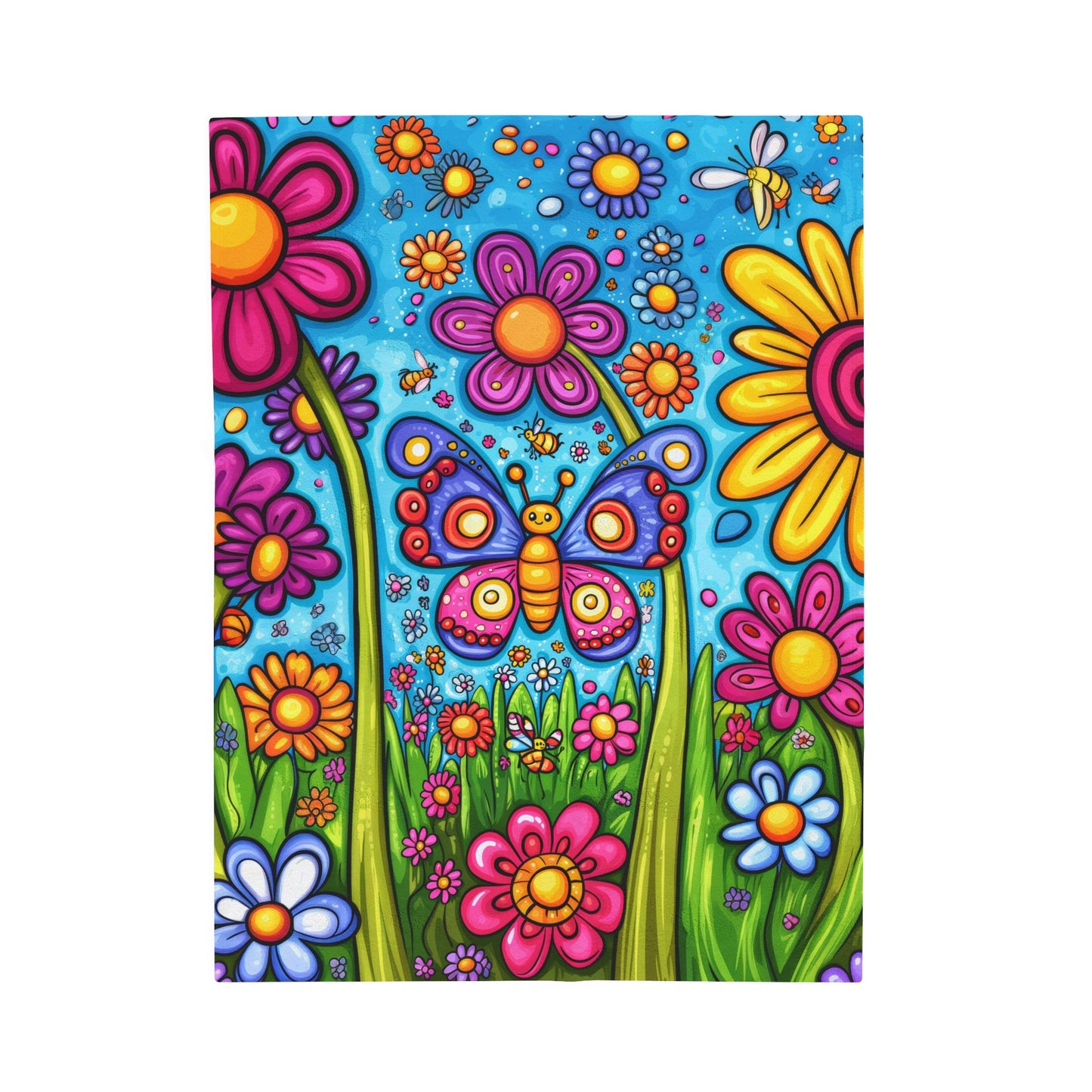 Vibrant Butterfly in Floral Fantasy with Bees and Blossoms Velveteen Plush Blanket 3 Sizes