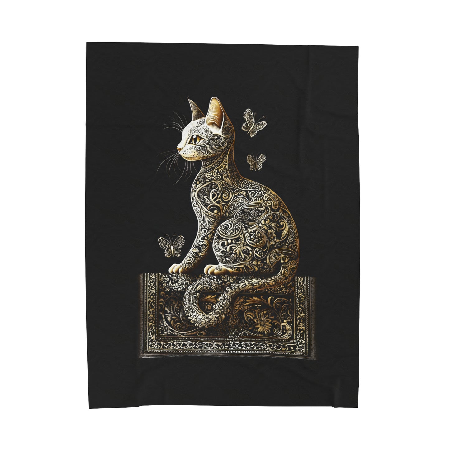 Ornate Black and Gold Paisley Cat with Fluttering Butterflies Velveteen Plush Blanket 3 Sizes