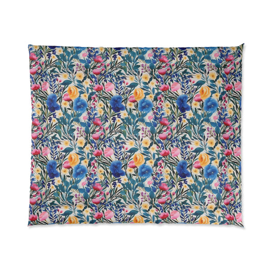 Blooming Brilliance: Large Watercolor Floral Design in Blue, Yellow, and Pink - Comforter 4 Sizes