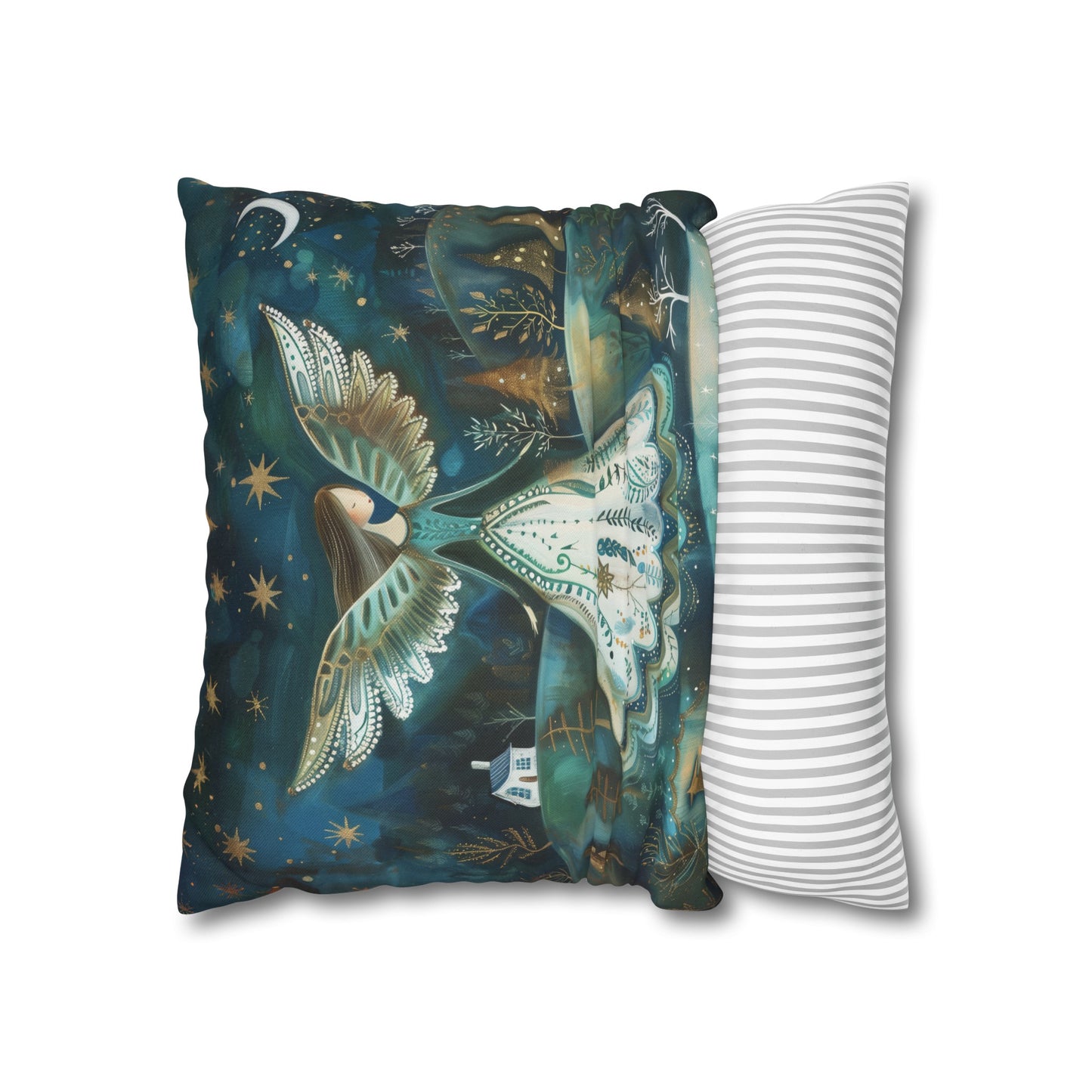 Starry Serenade: Angel in Flowing Dress Amidst a Starry Night Spun Polyester Square Pillowcase 4 Sizes