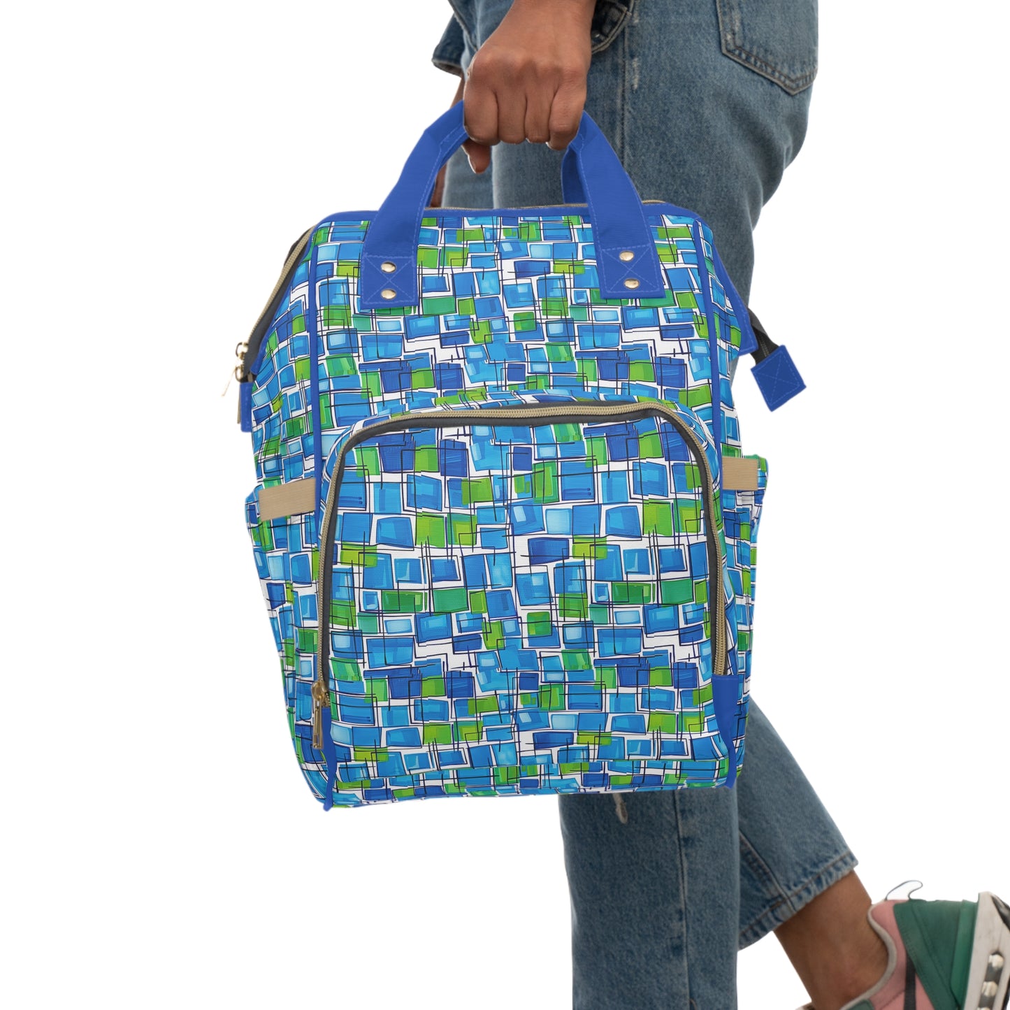 Abstract Interplay of Blue and Green Squares with Meandering Lines Multifunctional Diaper Backpack