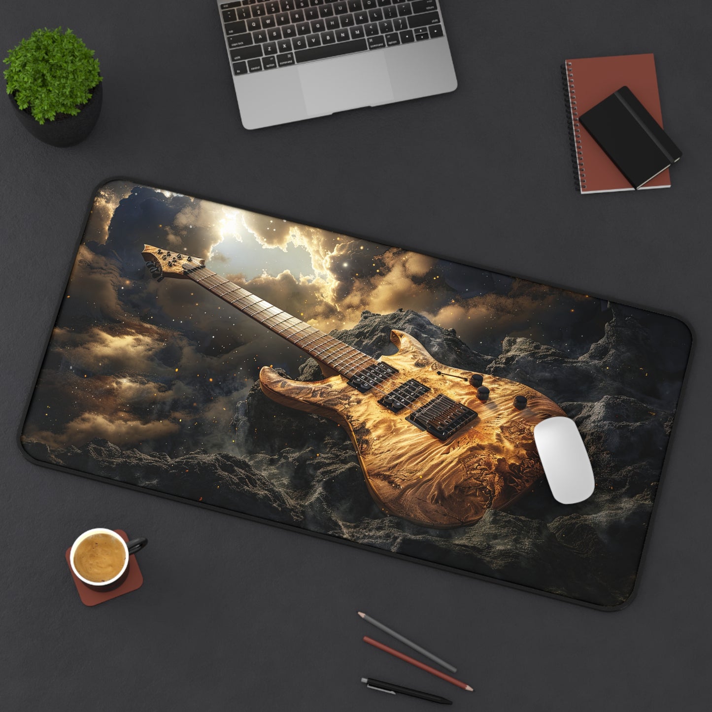 Golden Gilded Electric Guitar with Heavenly Clouds and Sun Desk Mat Extended Gaming Mouse Pad - 3 Sizes