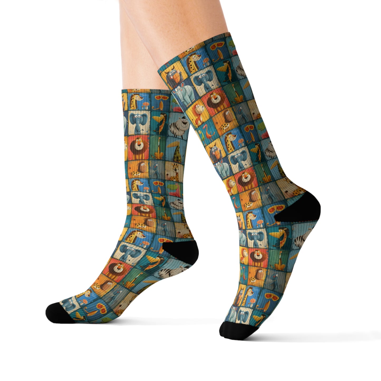 Cartoon Animals in a Vibrant Patchwork Wonderland Ribbed Crew Socks