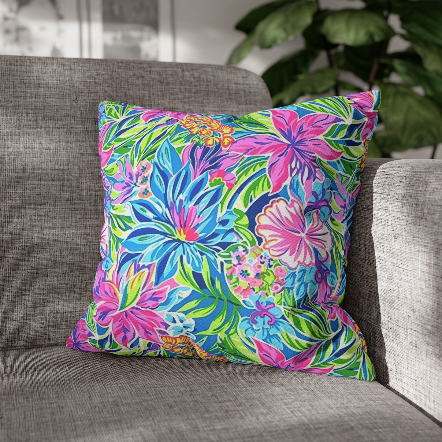 Summer Harmony: Pink and Blue Blooms with Lush Green Leaves Spun Polyester Square Pillowcase 4 Sizes