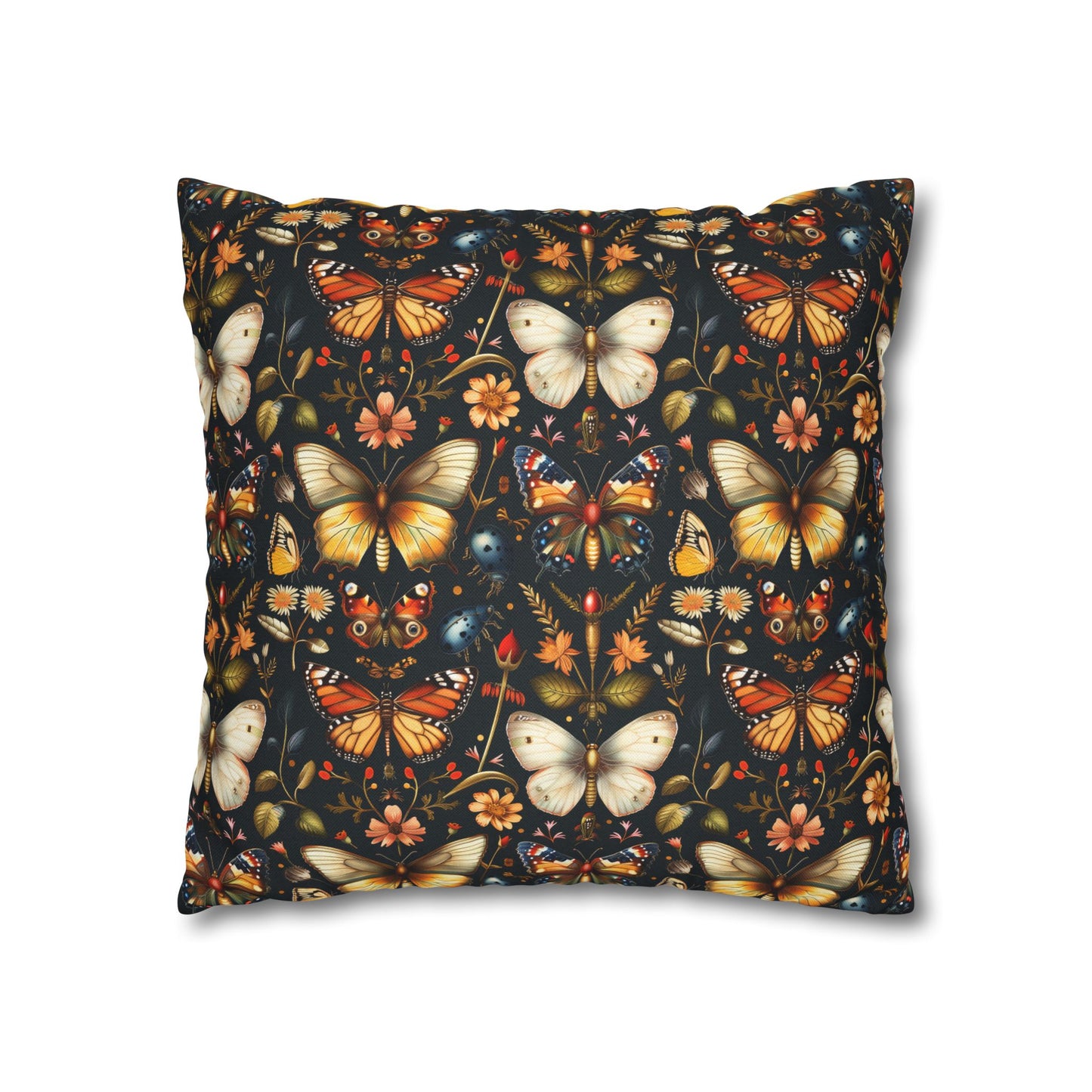 Enchanted Garden of Butterflies and Botanicals in Rich Autumn Hues on a Deep Night Background Polyester Square Pillowcase 4 Sizes