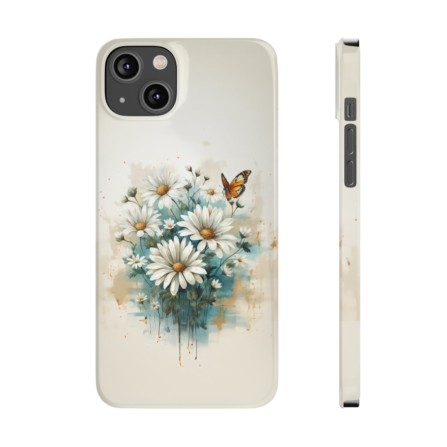 Rustic Farmhouse Teal and White Wild Daisies and Butterflies Iphone 15-12 Slim Phone Case