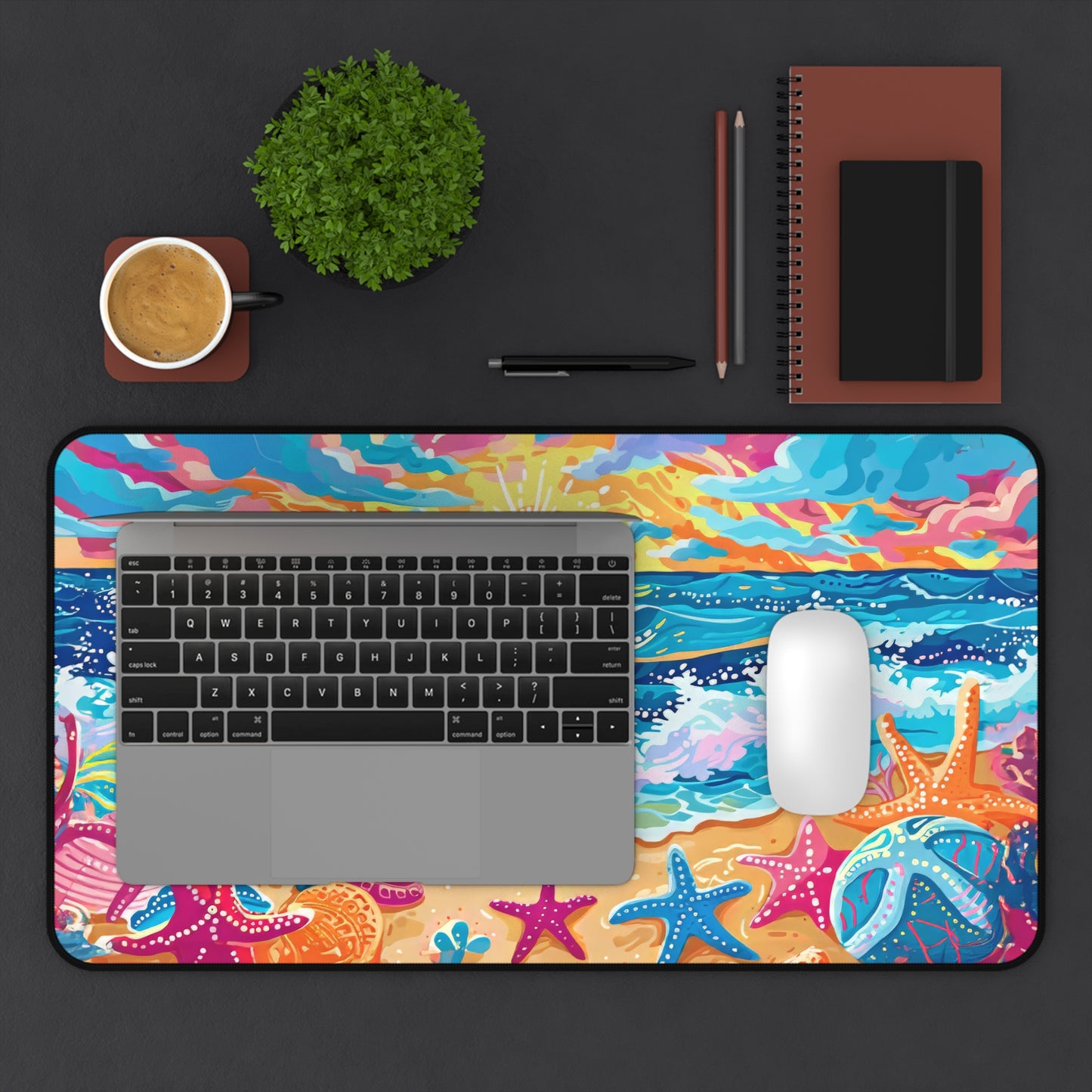 Vibrant Seaside Morning Layers of Energetic Waves, a Radiant Sun, and Colorful Seashells Extended Gaming Mouse Pad  Desk Mat  - 3 Sizes