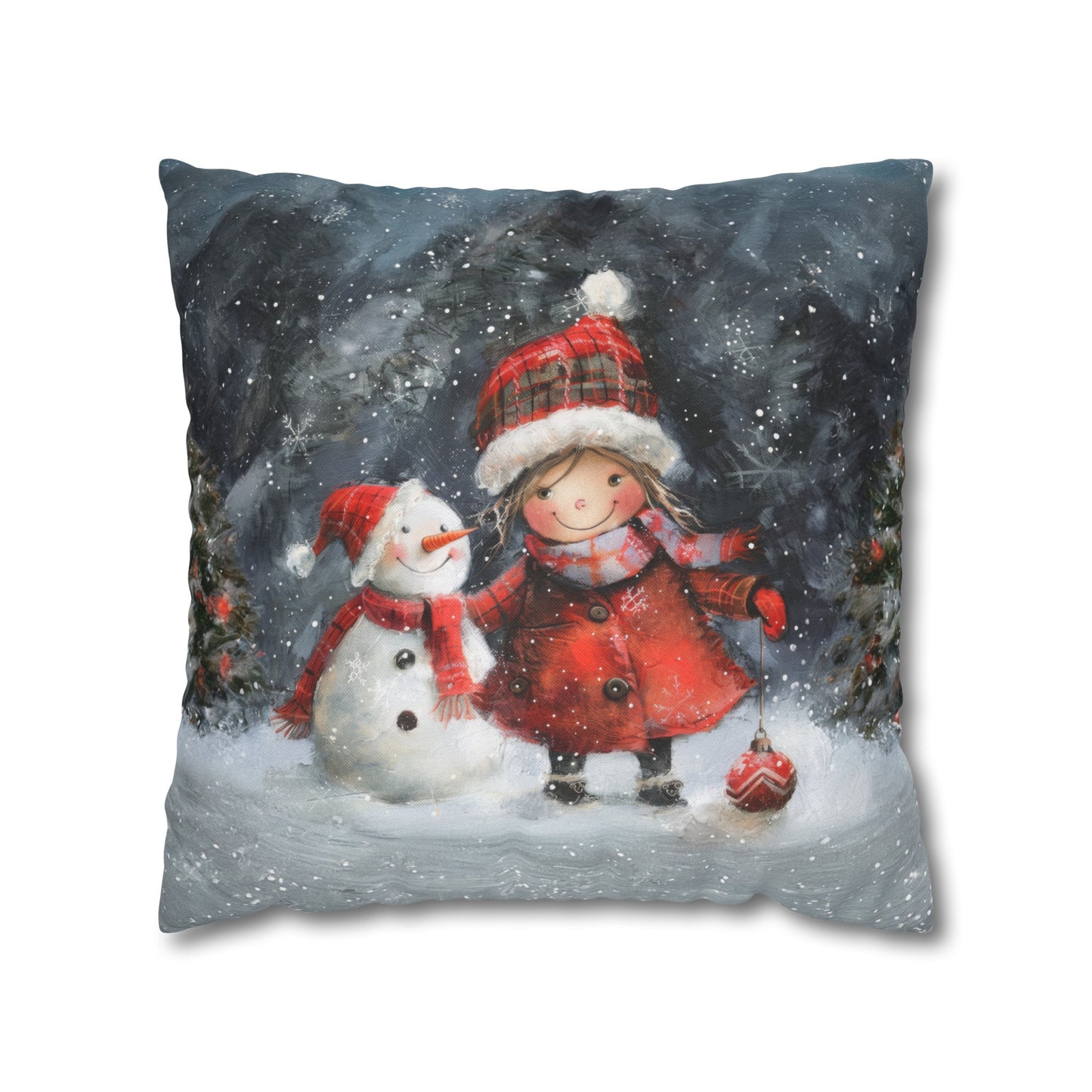 Frosty Friends: Little Girl Standing with Snowman on a Snowy Night Spun Polyester Square Pillowcase 4 Sizes