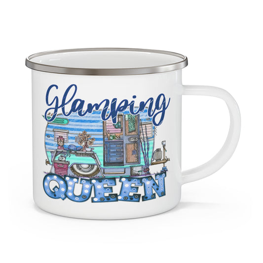 Glamping Queen with Retro Camping Trailer in Blue - 12oz Enamel Camping Mug