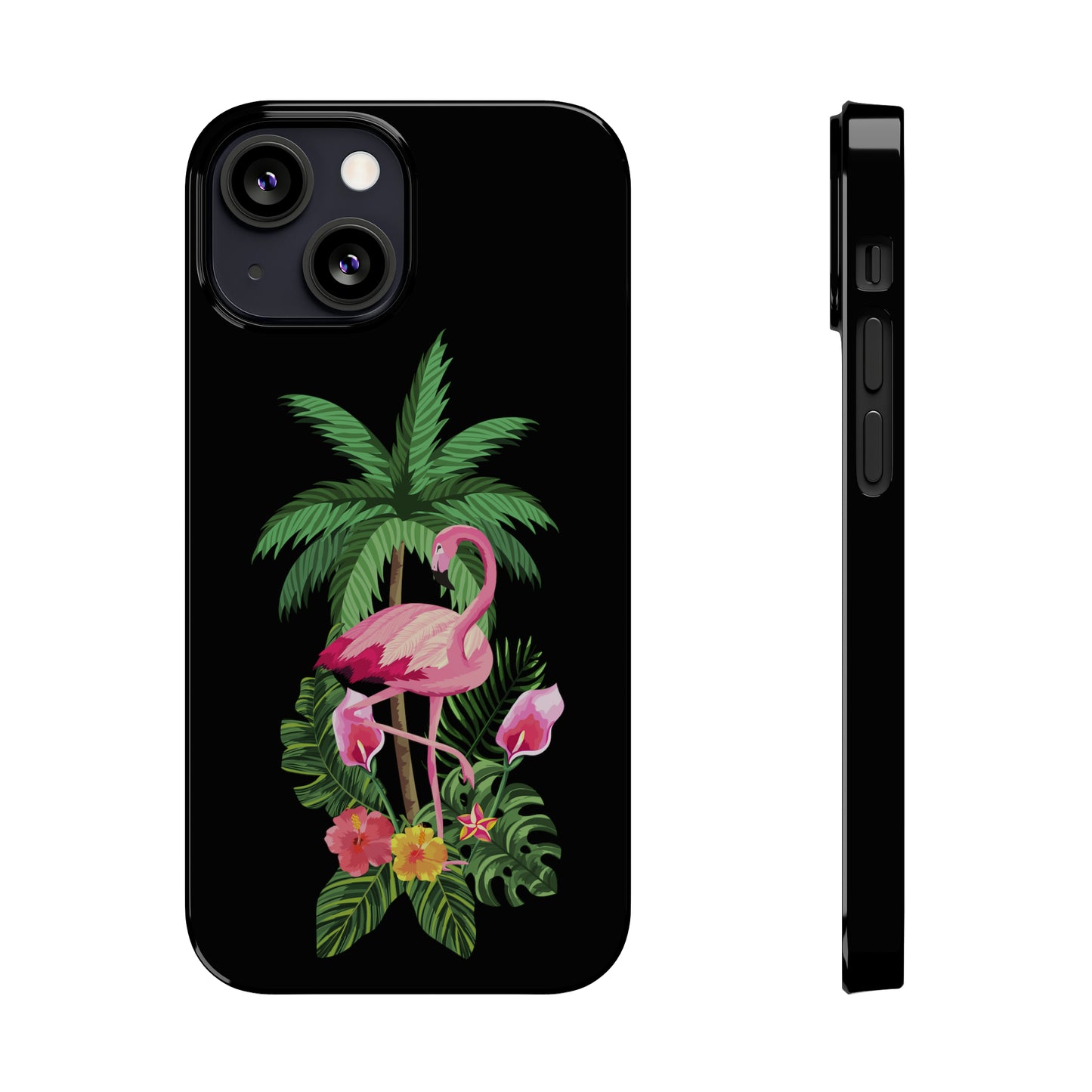 Tropical Pink Flamingo and Flowers Black Background Iphone 15-12 Slim Phone Case