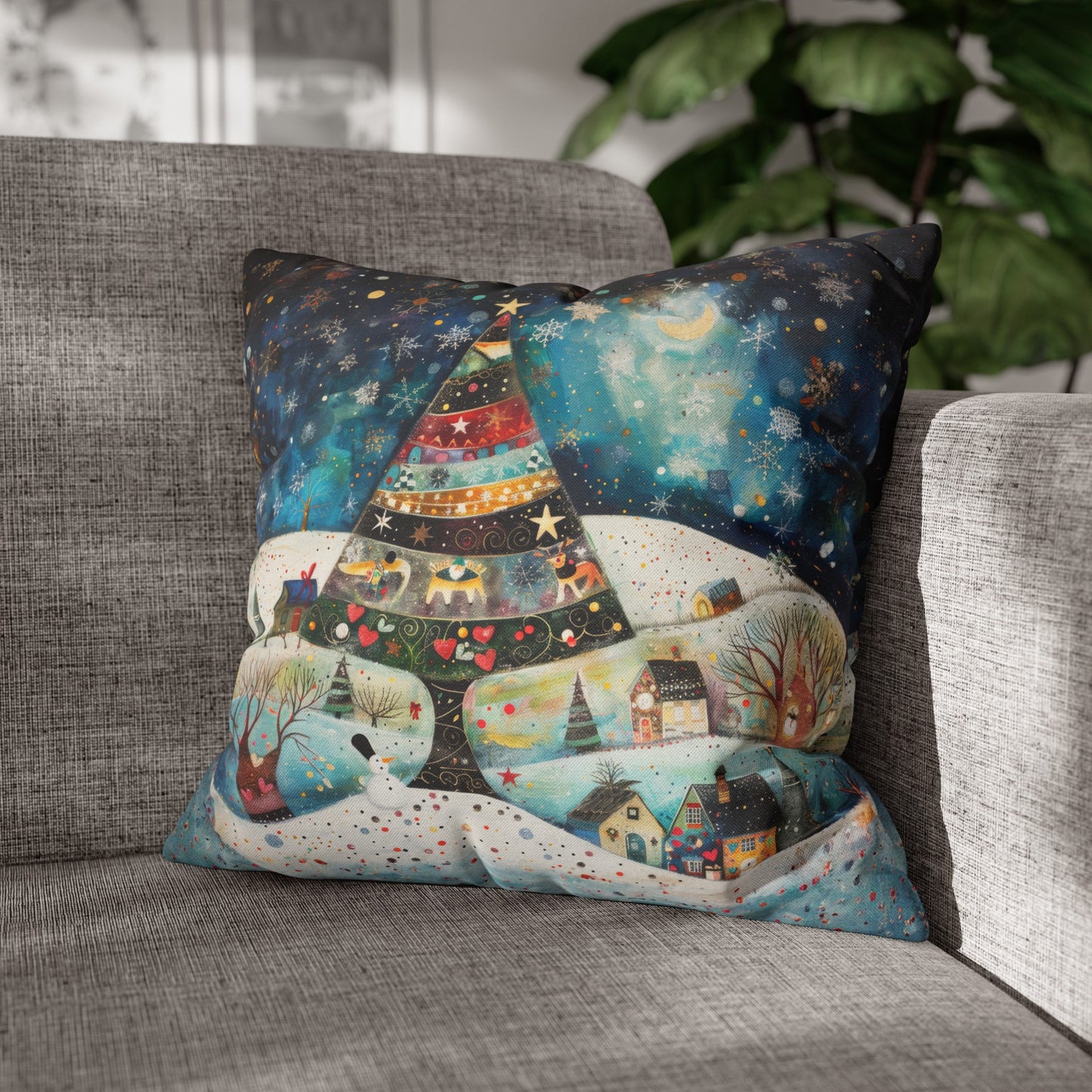 Twilight Treasures: Folk Art Christmas Tree Adorning a Town at Night Spun Polyester Square Pillowcase 4 Sizes