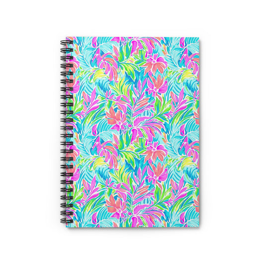 Neon Tropics: Vibrant Rainbow Flowers and Palm Leaves in Electric Splendor Spiral Ruled Line Notebook