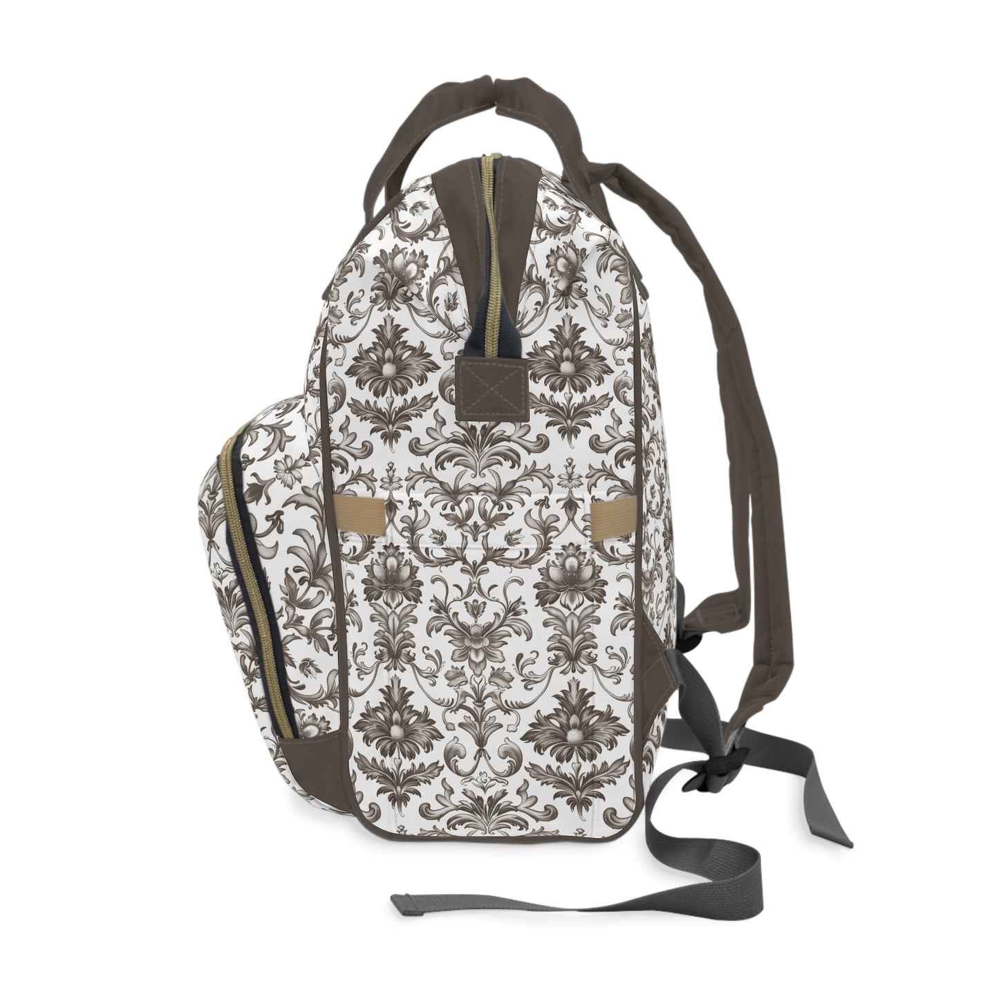 Timeless Rococo Elegance in Detailed Brown and White Floral Pattern Multifunctional Diaper Backpack