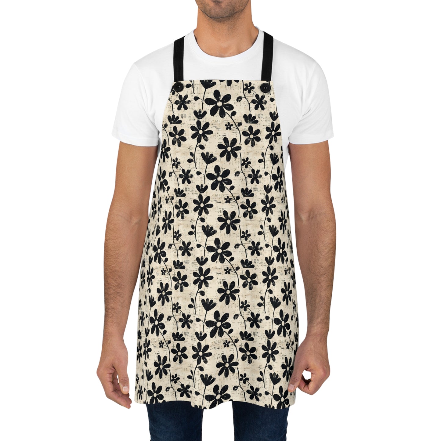 Distressed Black Floral on Beige Background Kitchen Chef Apron