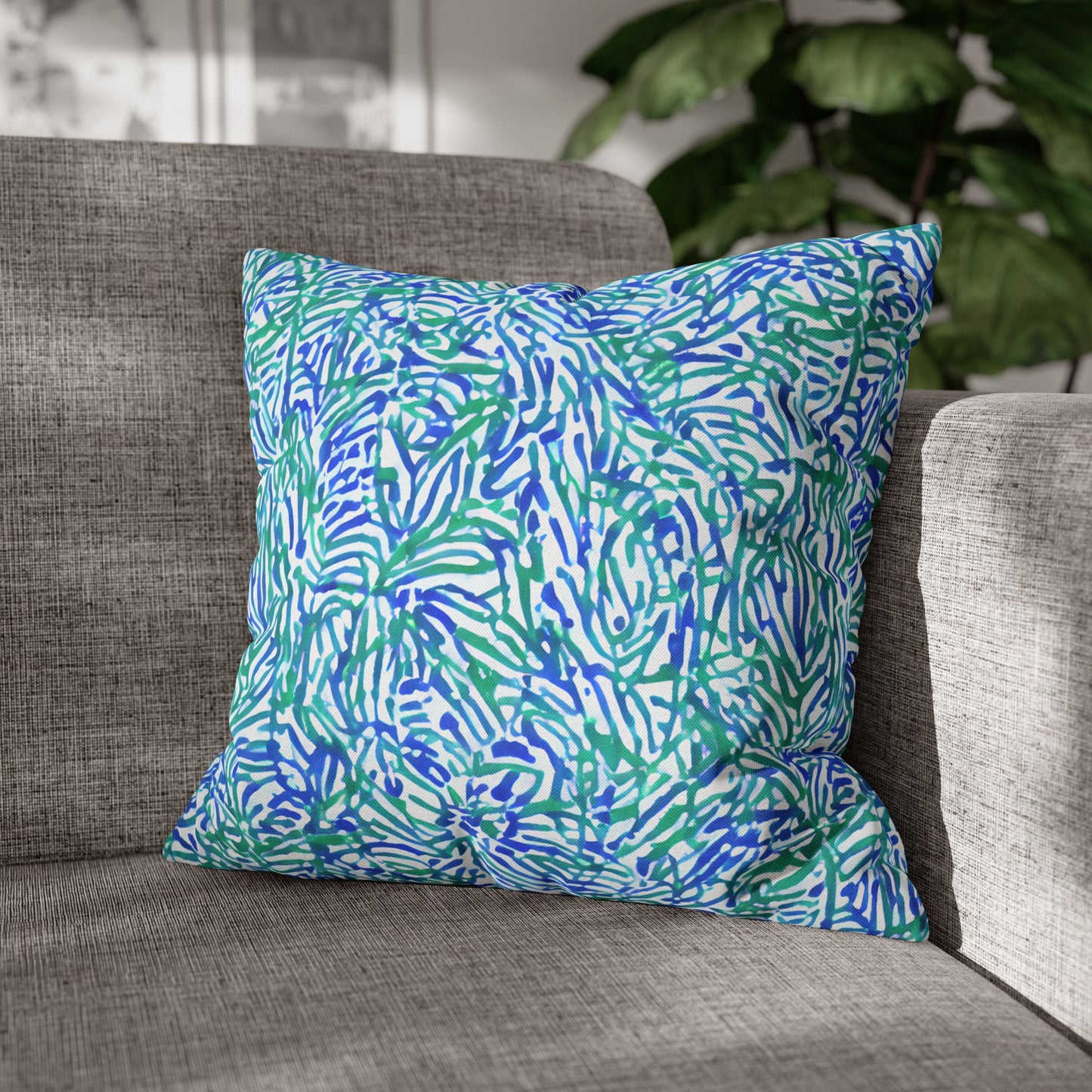 Tropical Fusion: Abstract Palm Leaves in Lime Green and Blue Hues  Spun Polyester Square Pillowcase 4 Sizes