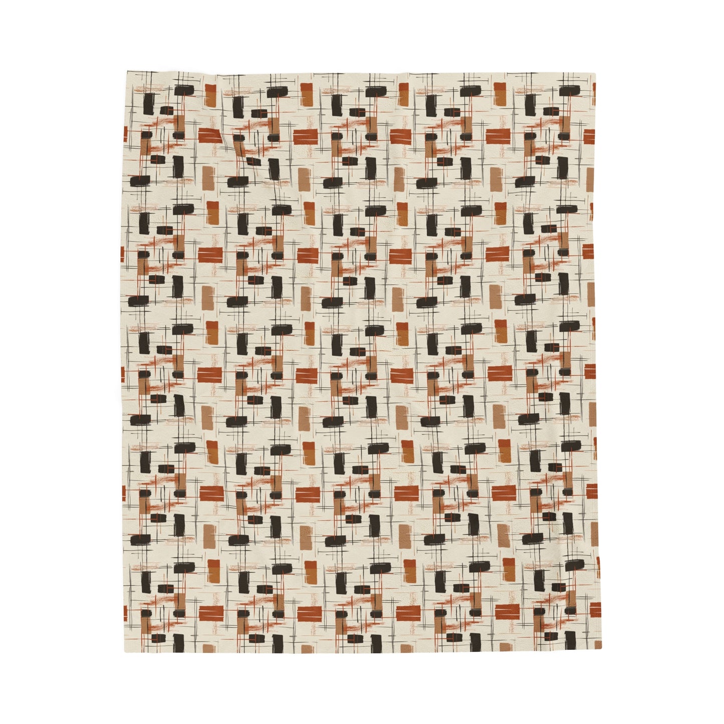 Modern Artistry in Bold and Minimalistic Pattern in a Palette of Black, Dark Orange, and Beige Velveteen Plush Blanket 3 Sizes