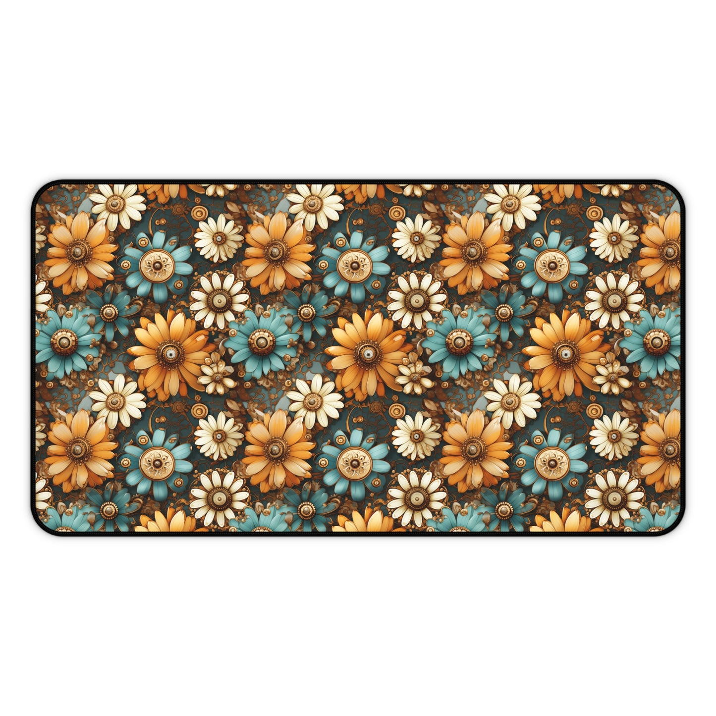 Victorian Steampunk Cream Gold and Teal Flowers with Gears and Mechanical Elements  - Desk Mat Extended Gaming Mouse Pad 3 Sizes