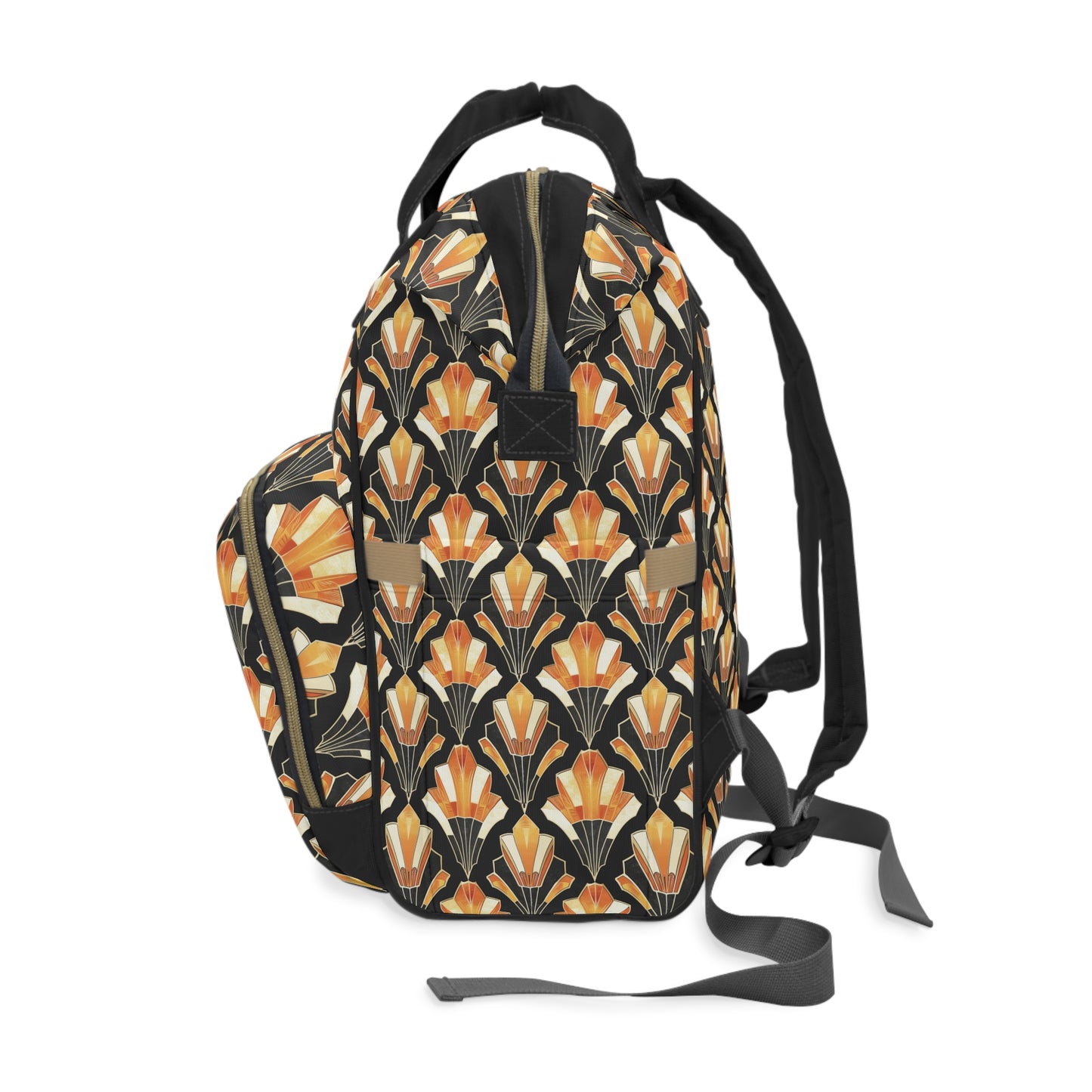 Art Deco Inspired Streamlined Geometric Florals in Orange and Black Multifunctional Diaper Backpack