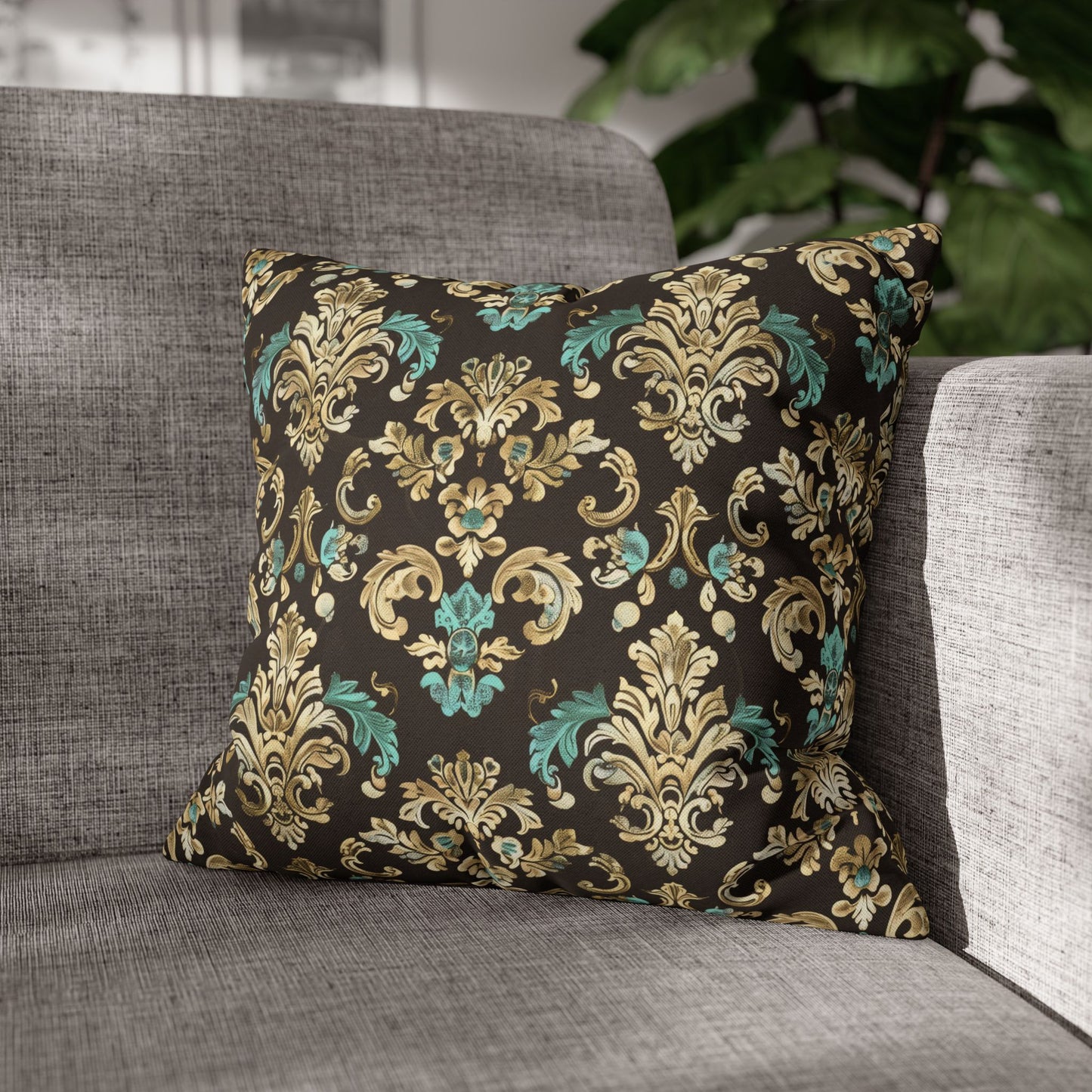 Luxurious Rococo Pattern of Ornate Brown and Teal Floral Scroll Design Spun Polyester Square Pillowcase 4 Sizes