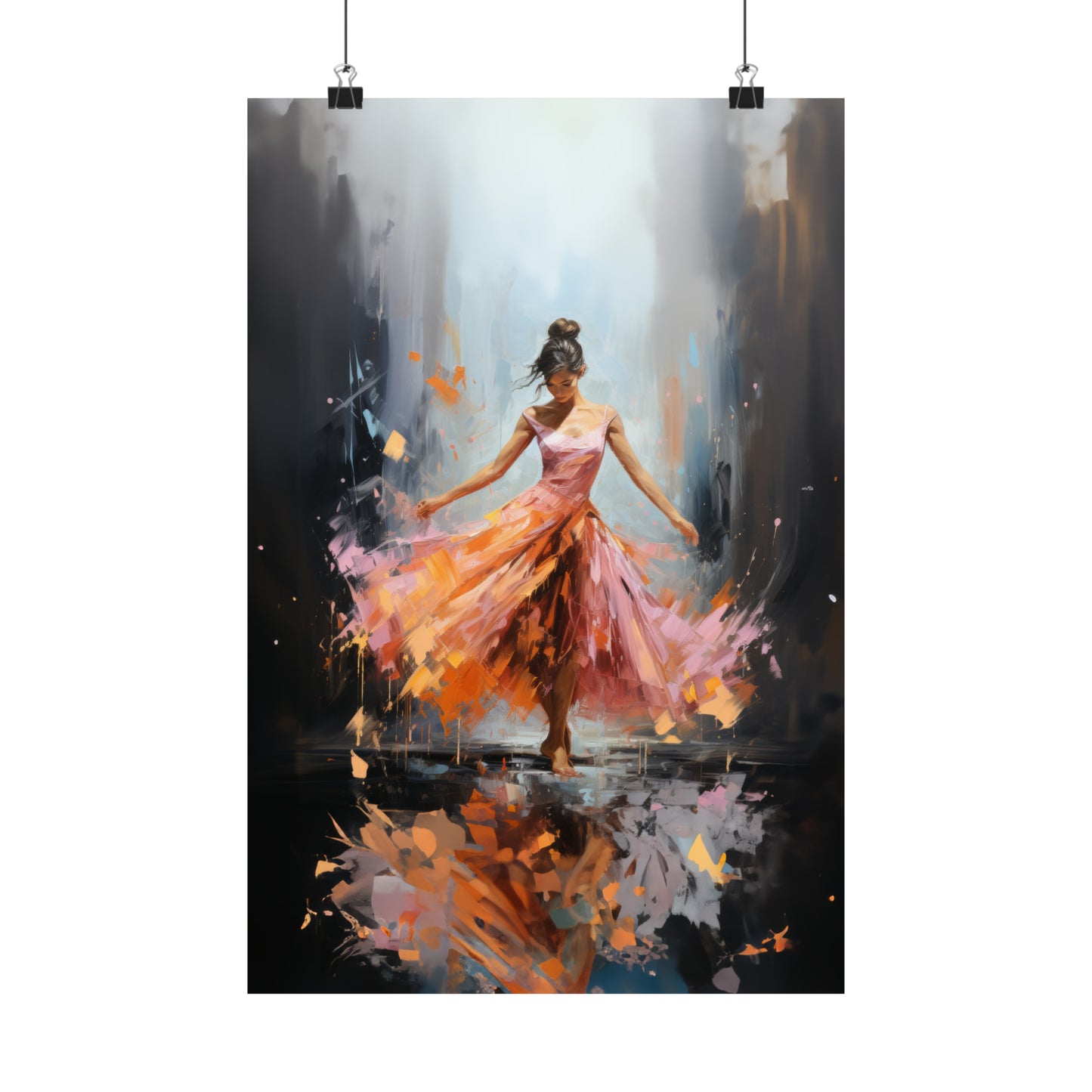 Swirling Splendor: Ballerina in Orange and Pink Dress Dancing Amidst the Reflecting Rain Print on Matte Poster - 11 Sizes