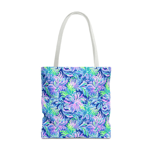 Seaside Serenade: Coastal Pink, Navy, and Green Tropical Blooms Dancing Canvas Tote Bag 3 Sizes