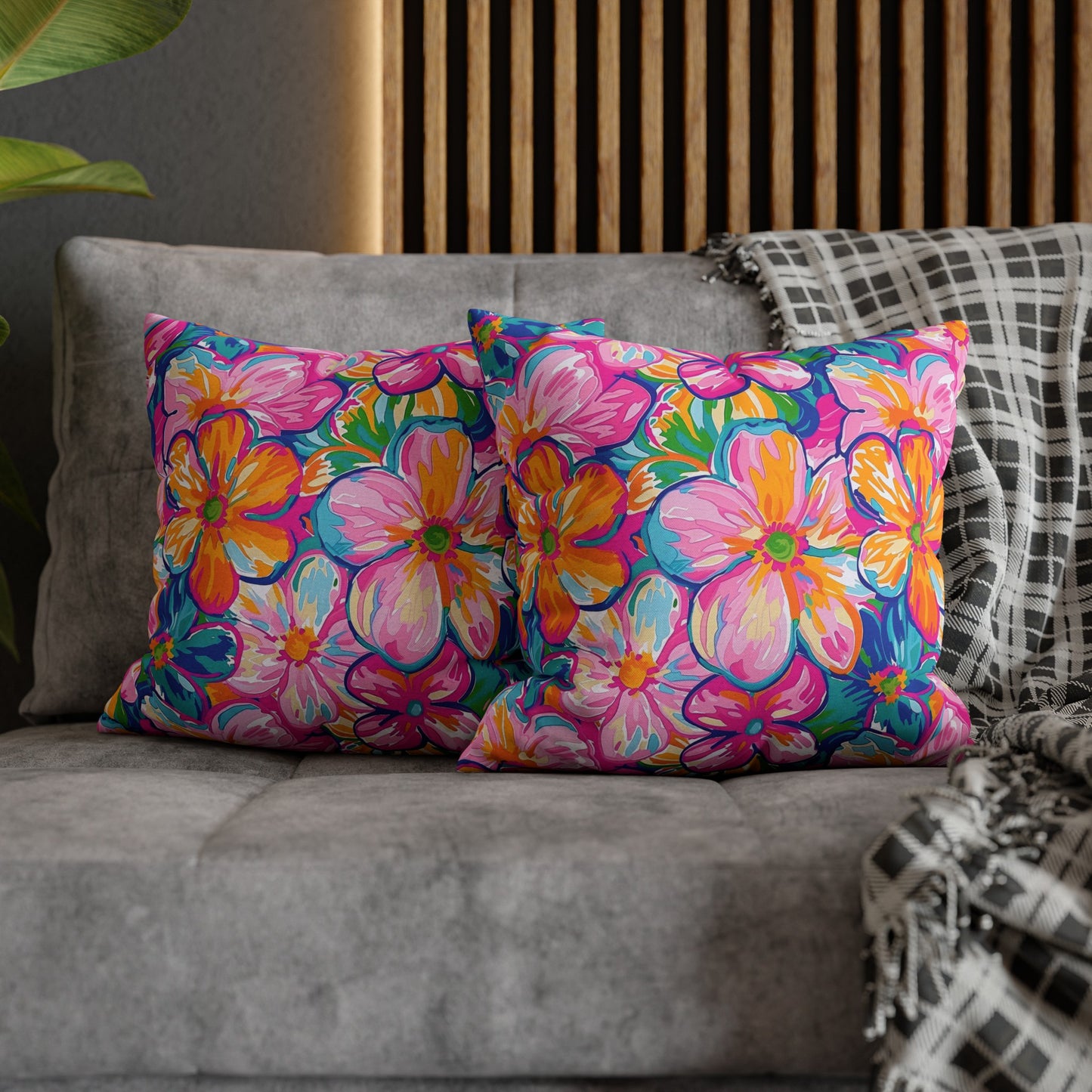 Chromatic Blossoms: Large Watercolor Flowers in Mixed Pinks, Blues, and Oranges Spun Polyester Square Pillowcase 4 Sizes