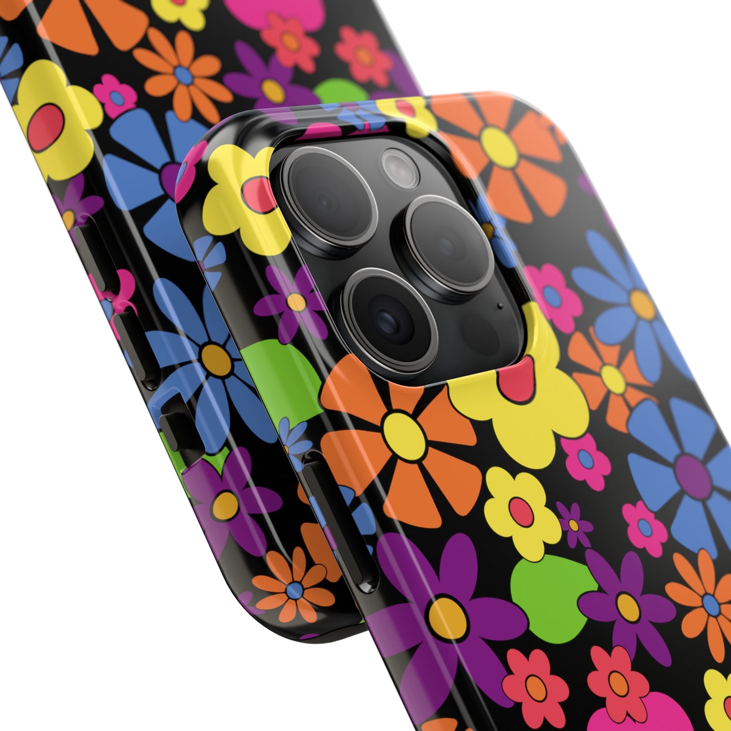 Flower Power Design on Black Background Iphone Tough Phone Case