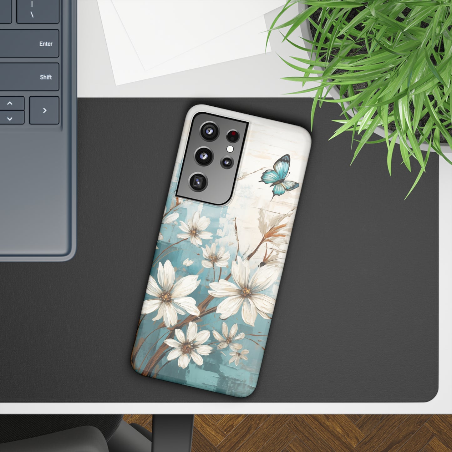 Rustic Farmhouse White and Teal Wild Daisies and Butterflies Samsung Slim Cases