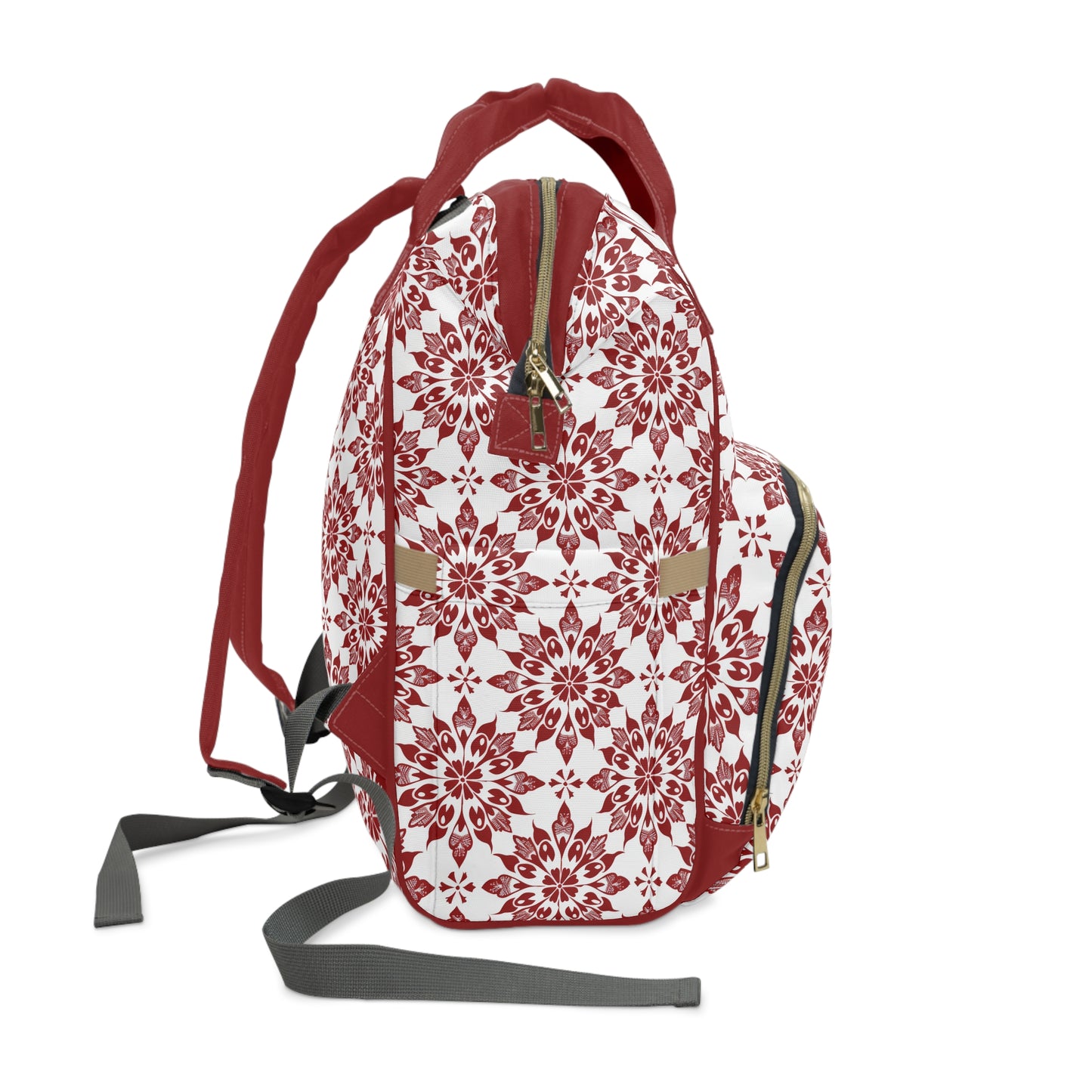 Vintage Radiance Ornate Red and White Floral Burst Pattern Multifunctional Diaper Backpack