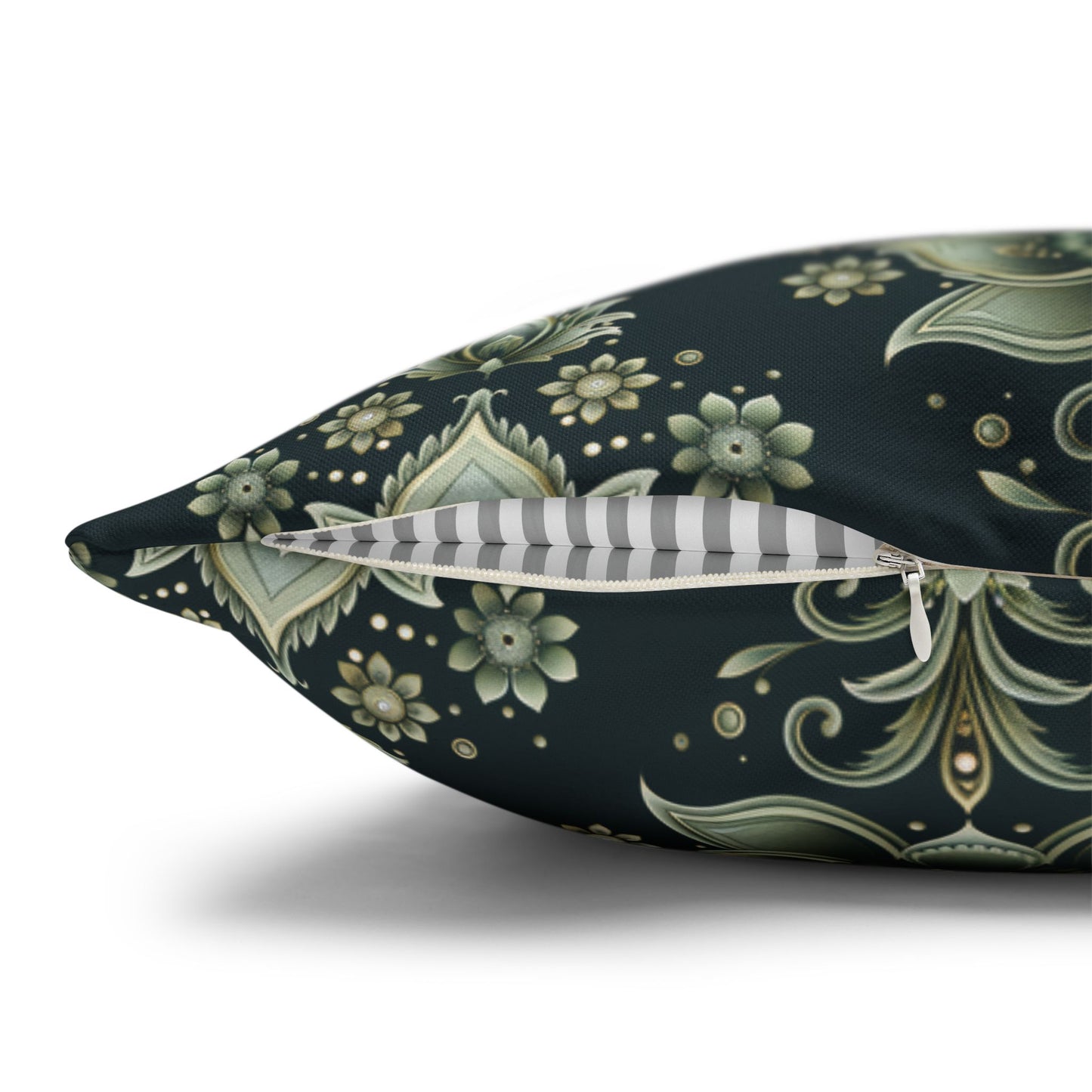 Ornate Green Mandala with Golden Accents on Dark Background Polyester Square Pillowcase 4 Sizes